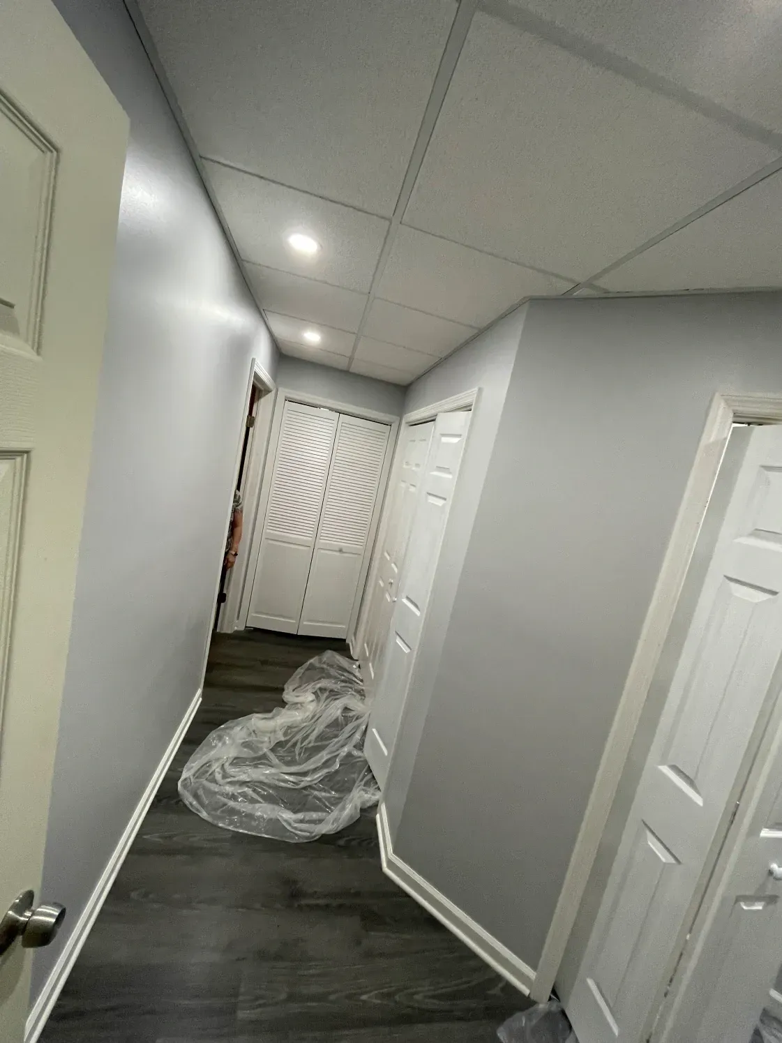 Narrow hallway with light gray walls, dark wood-look floor, and white doors.