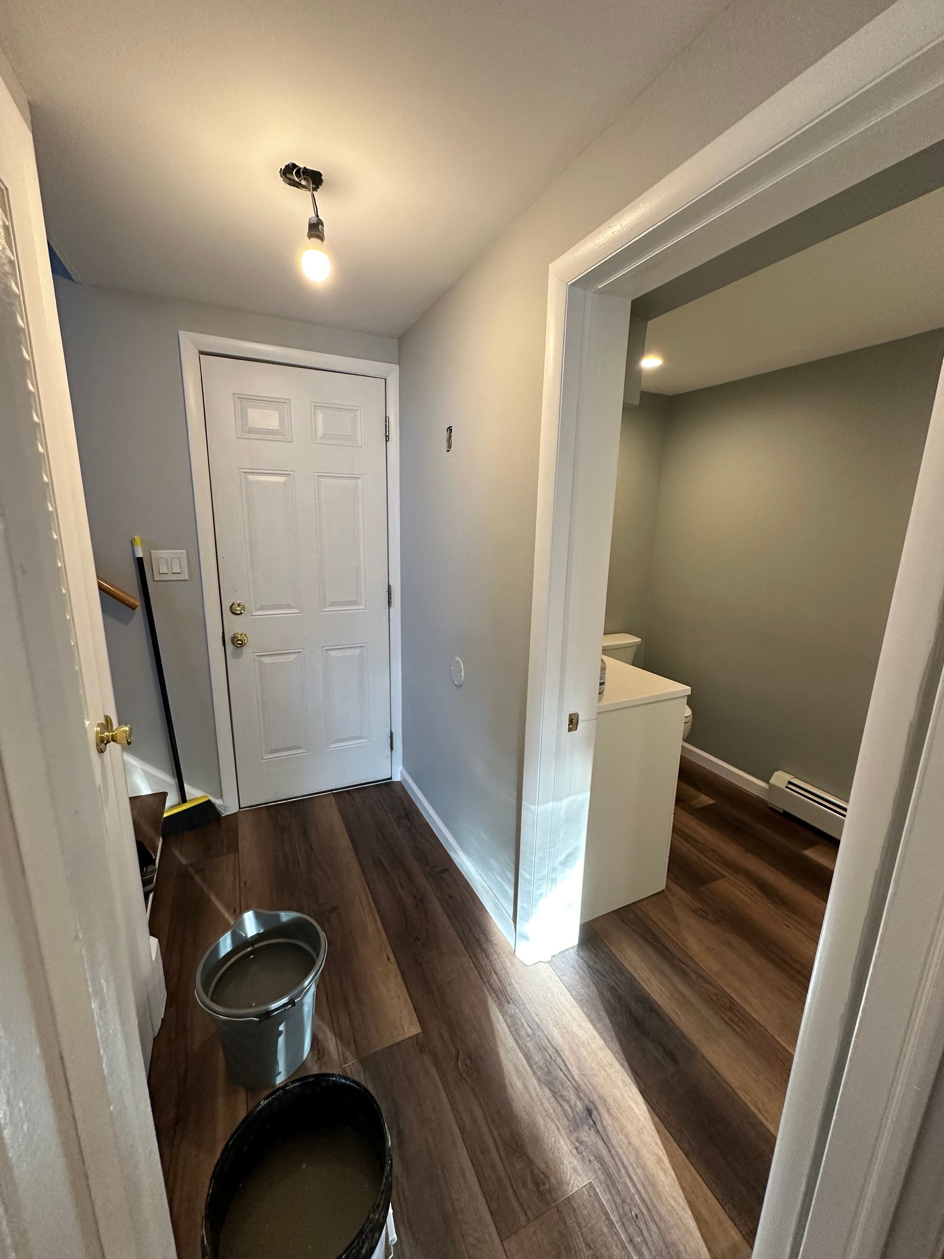 Hallway with white door, dark wood floor, and a laundry room visible through an open doorway.