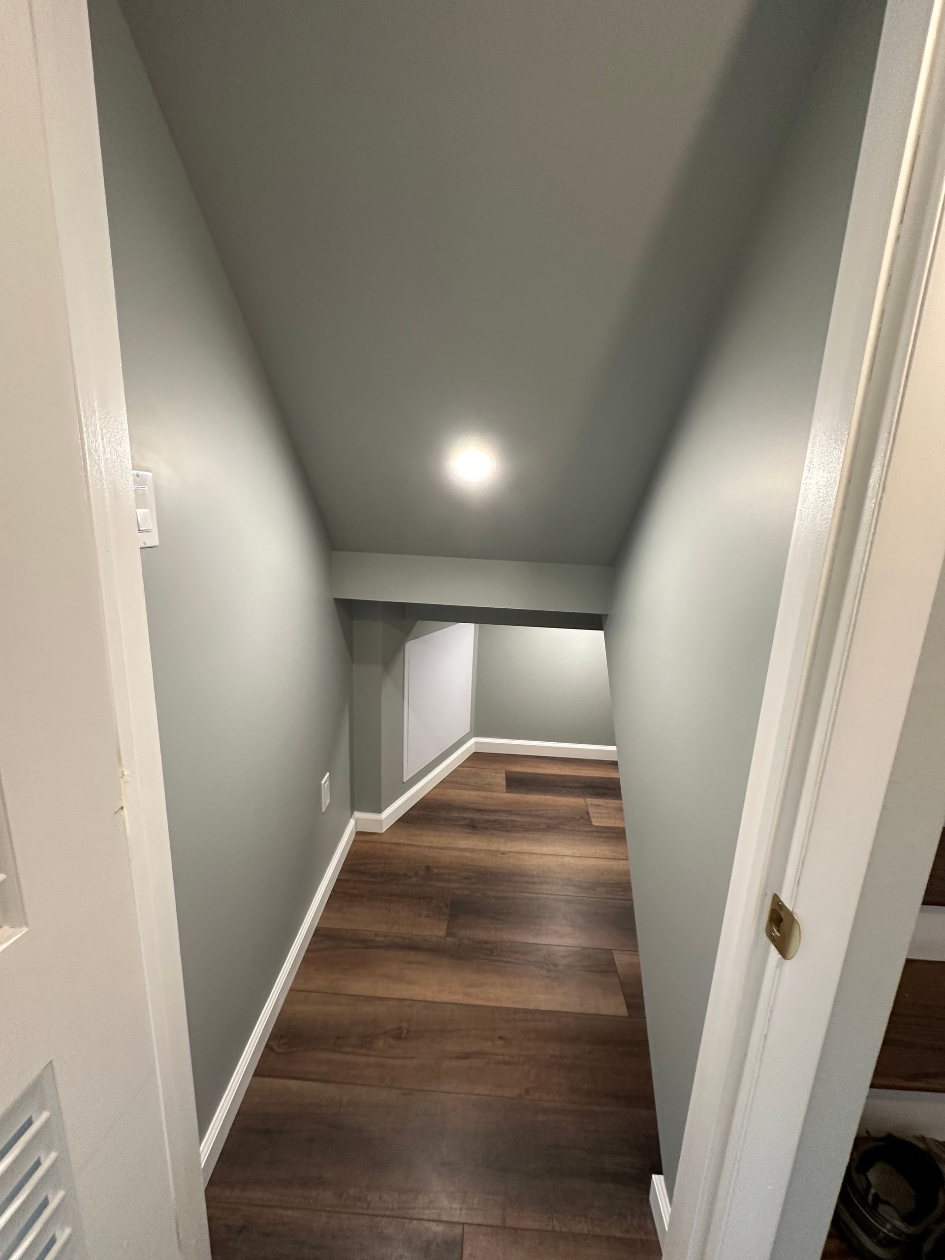 Narrow carpeted hallway with gray walls and recessed ceiling light, viewed from an open doorway.