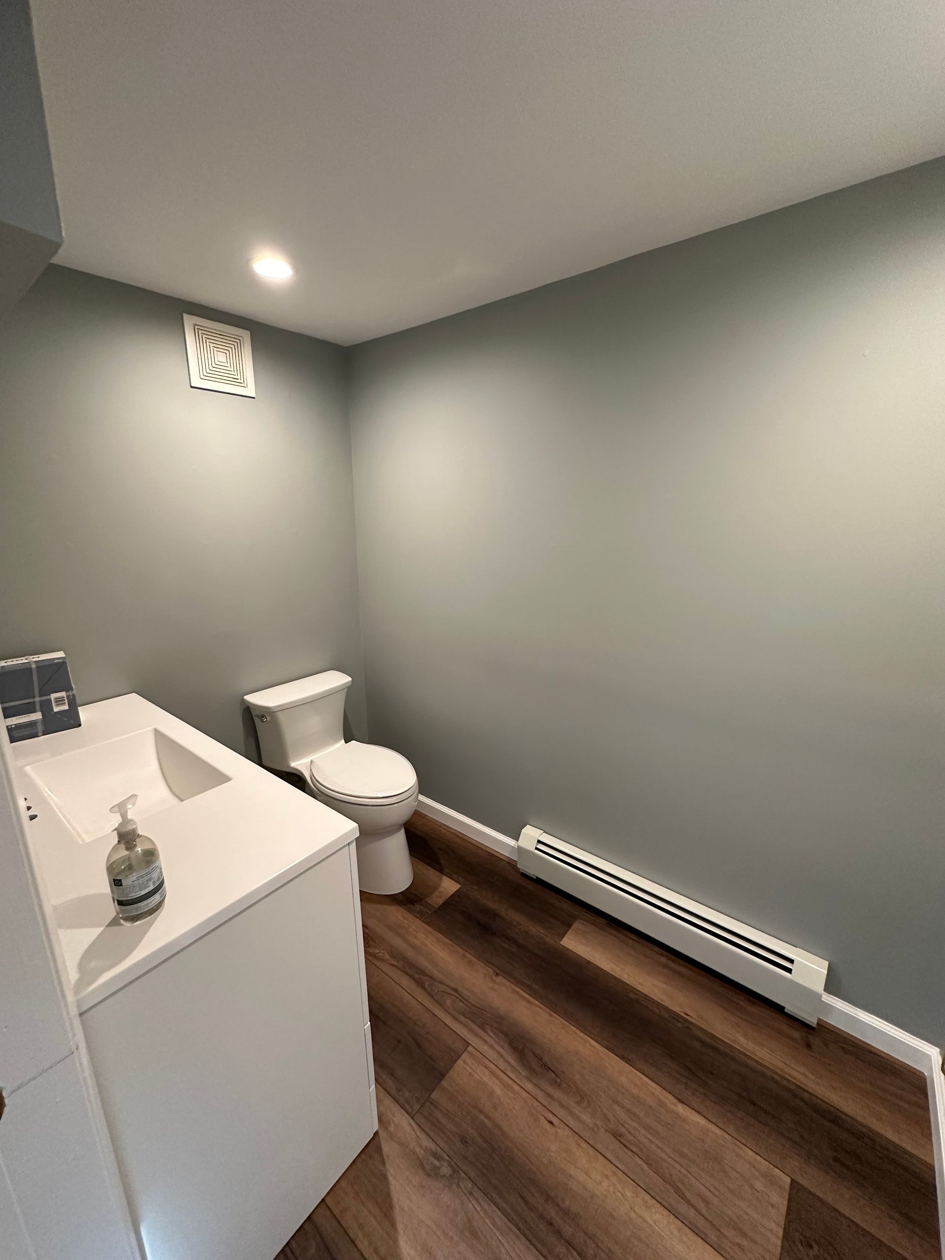 Bathroom with a white vanity and toilet, gray walls, and wood-look flooring.