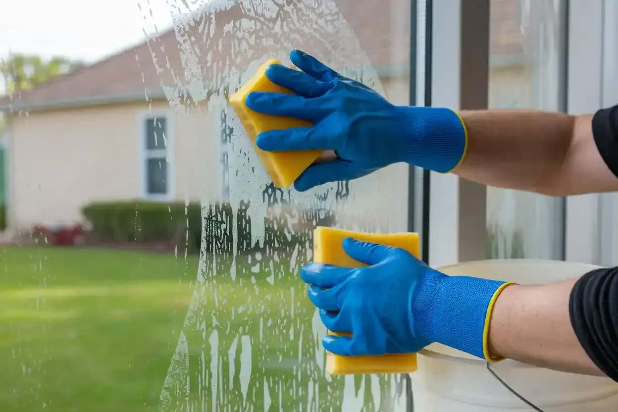 Hands in blue gloves washing a window with yellow sponges, outside a house.