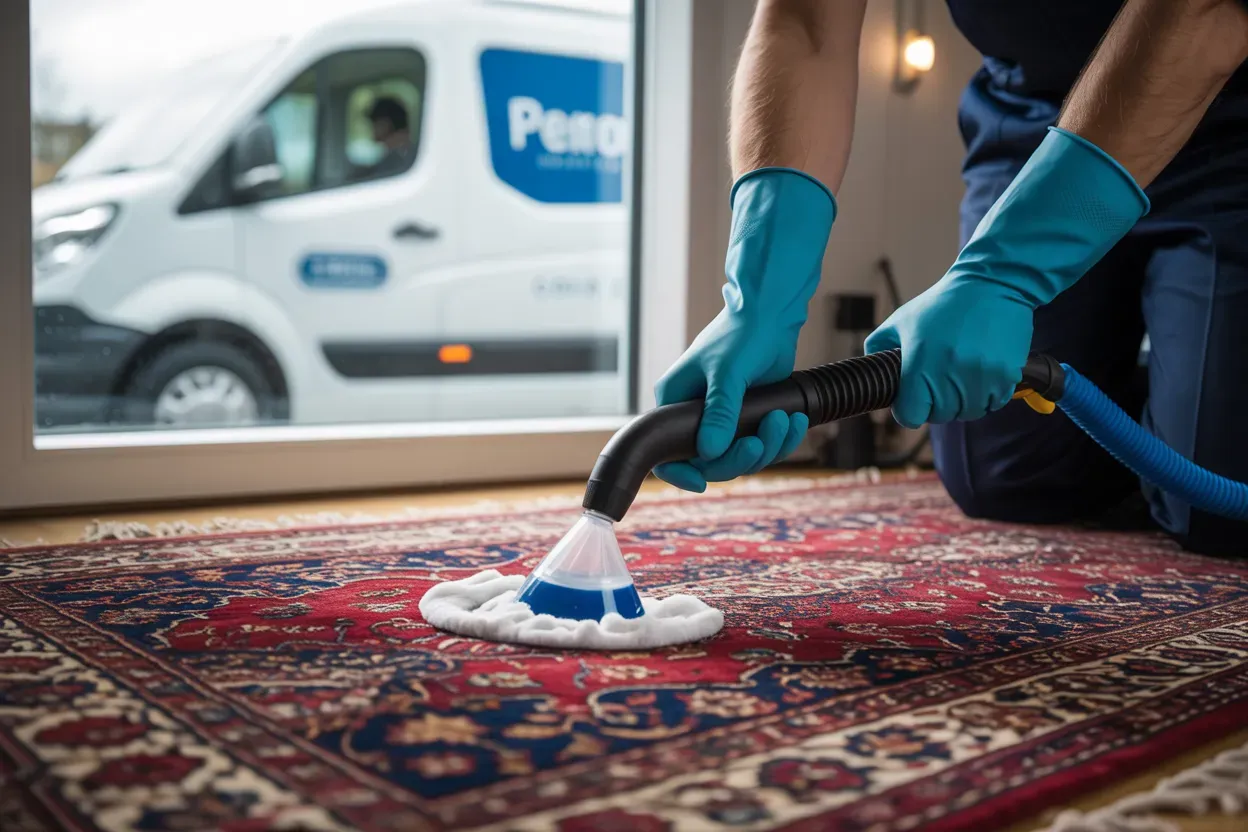 Person in blue gloves steam cleans a red rug with a cleaning van in the background.