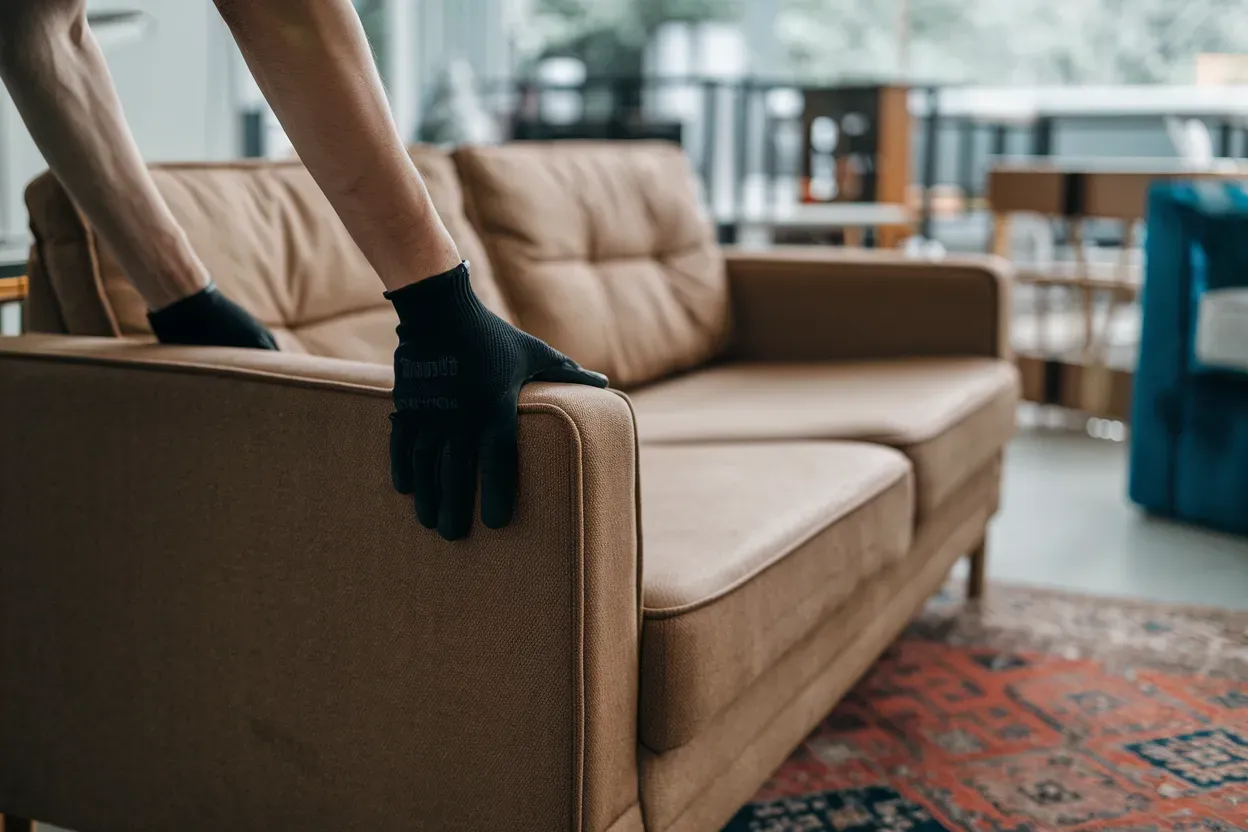 Person with black gloves moving a tan sofa inside a room.