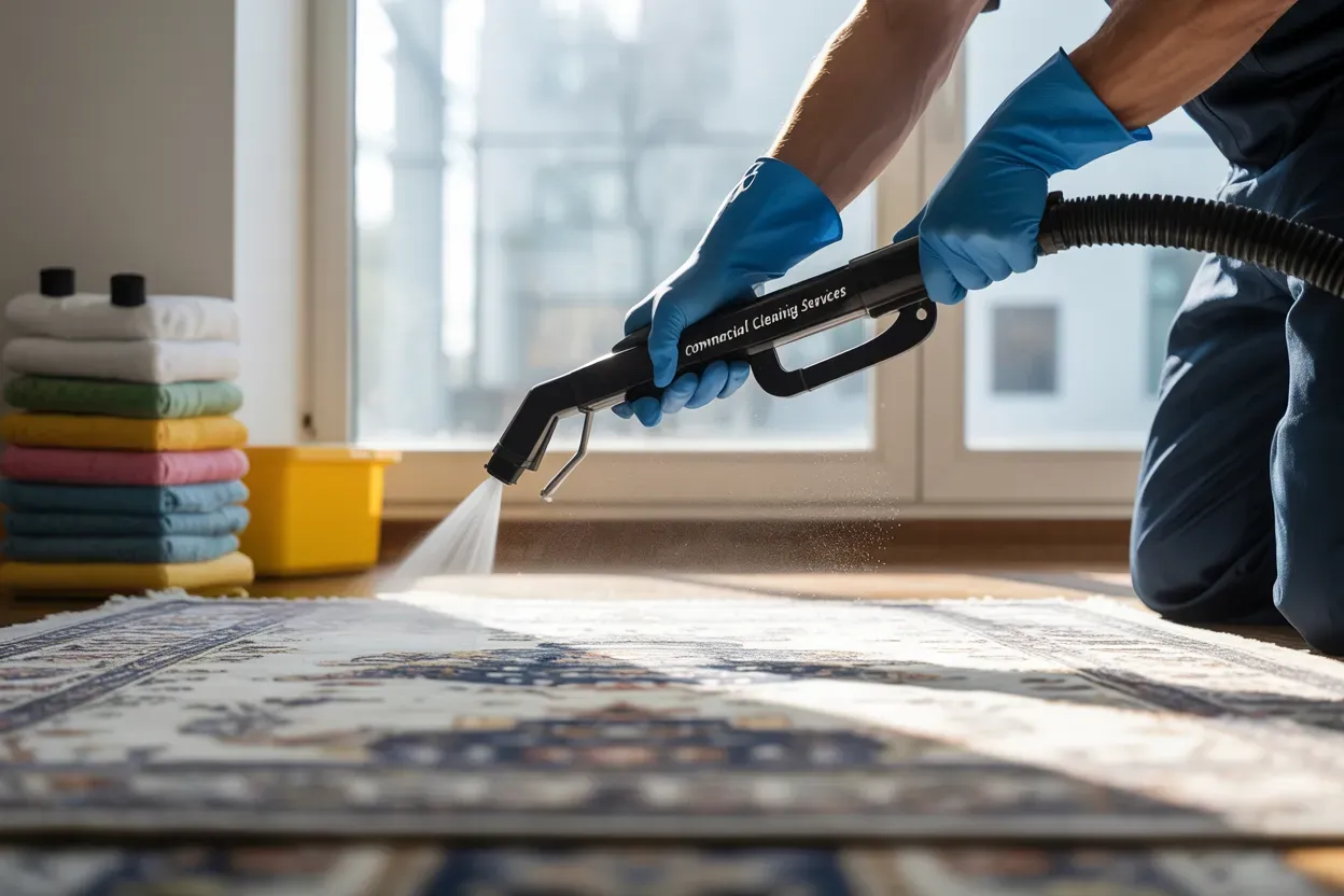 Person in blue gloves steam-cleaning a patterned rug on a hardwood floor, window in background.