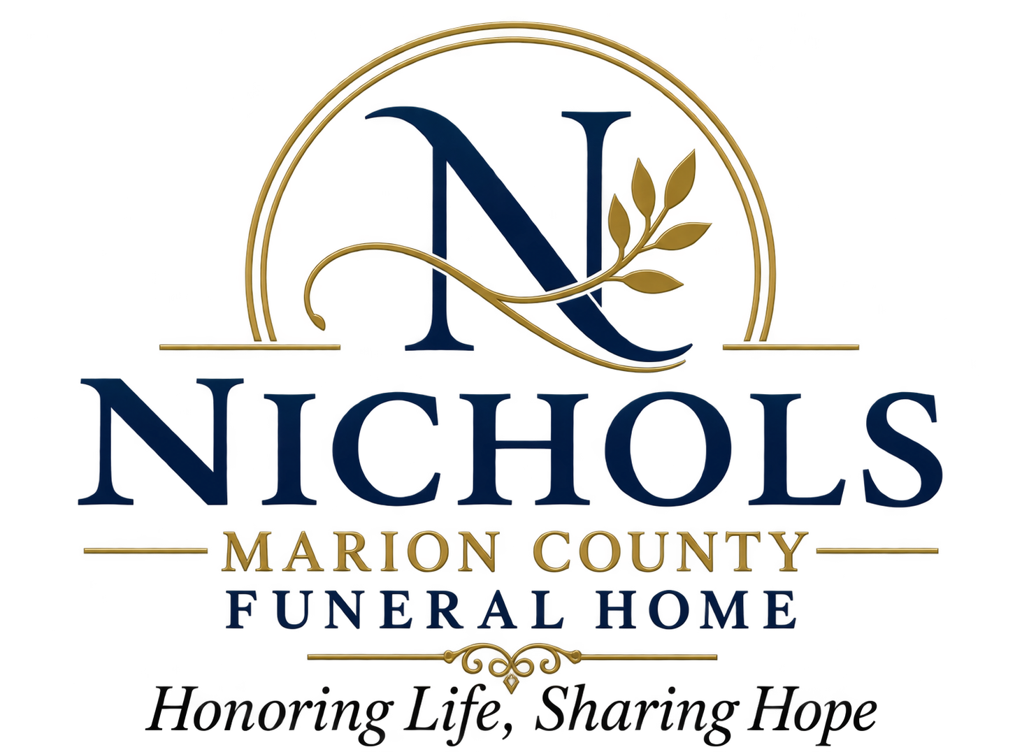 Nichols Marion County Funeral Home logo with gold arch, navy monogram, and “Honoring Life, Sharing Hope.”