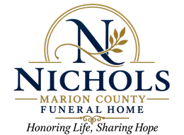 Nichols Marion County Funeral Home logo with gold arch, navy monogram, and “Honoring Life, Sharing Hope.”