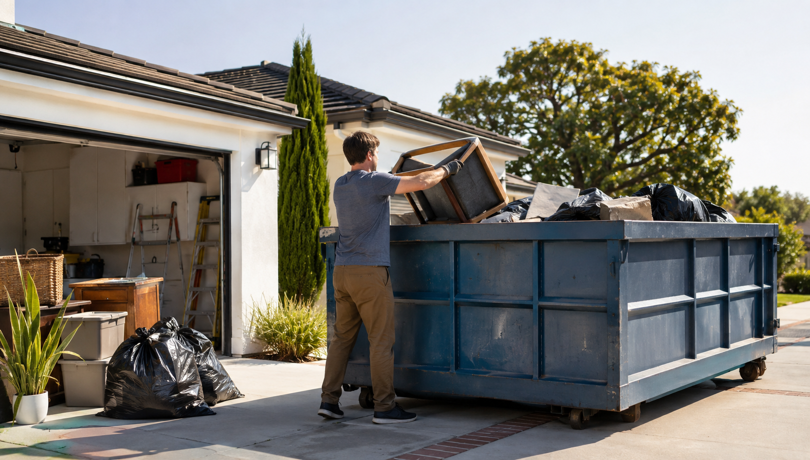 man filling up dumpster