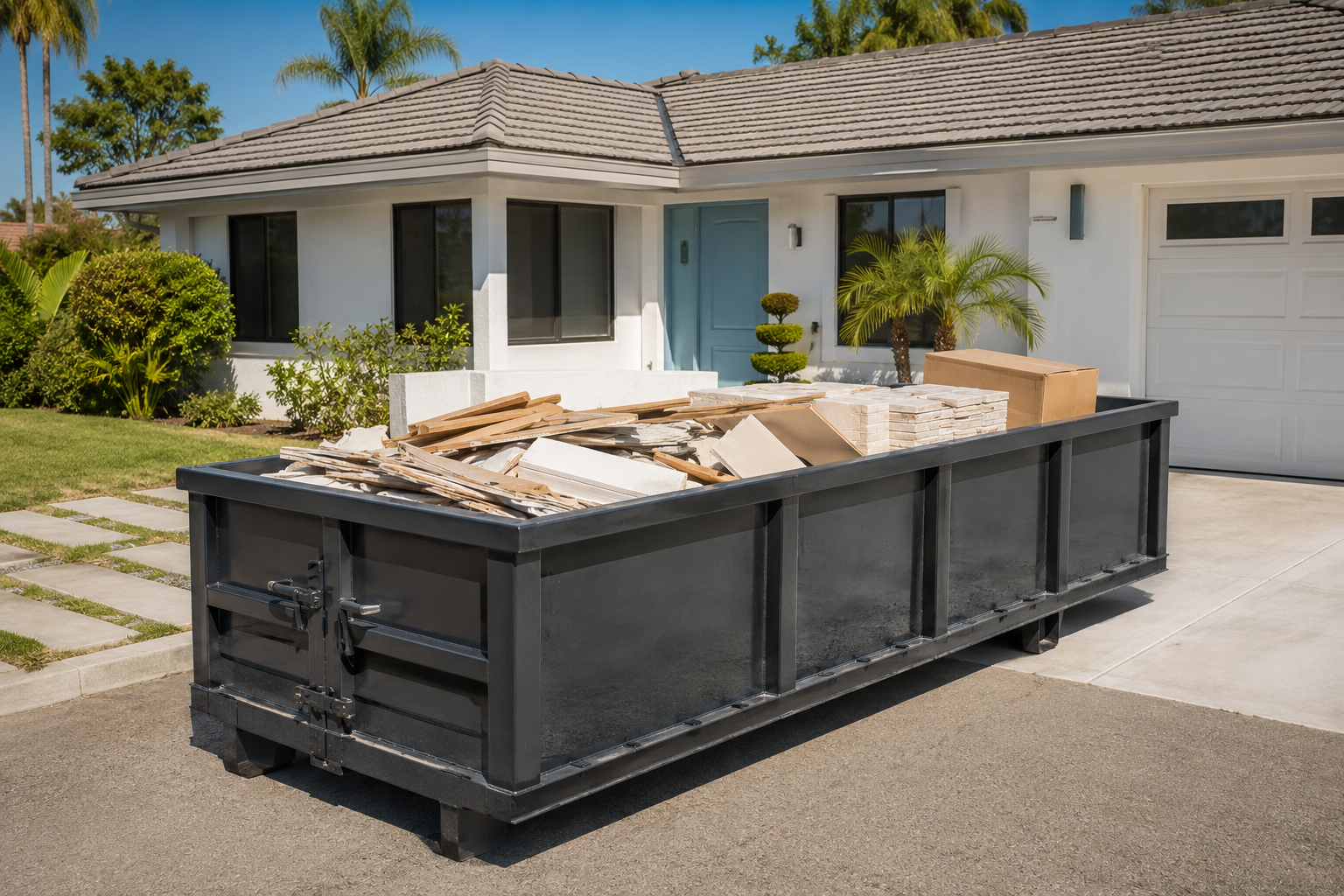 filled dumpster outside house