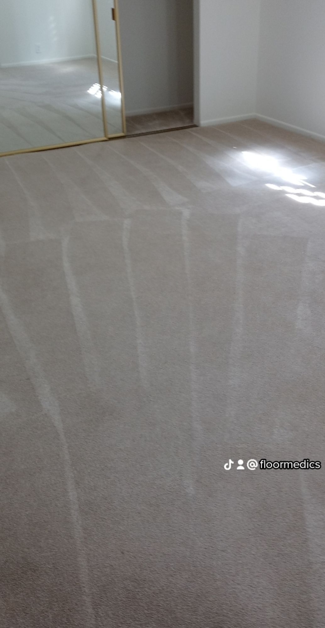 An empty room with a carpeted floor and a mirror.