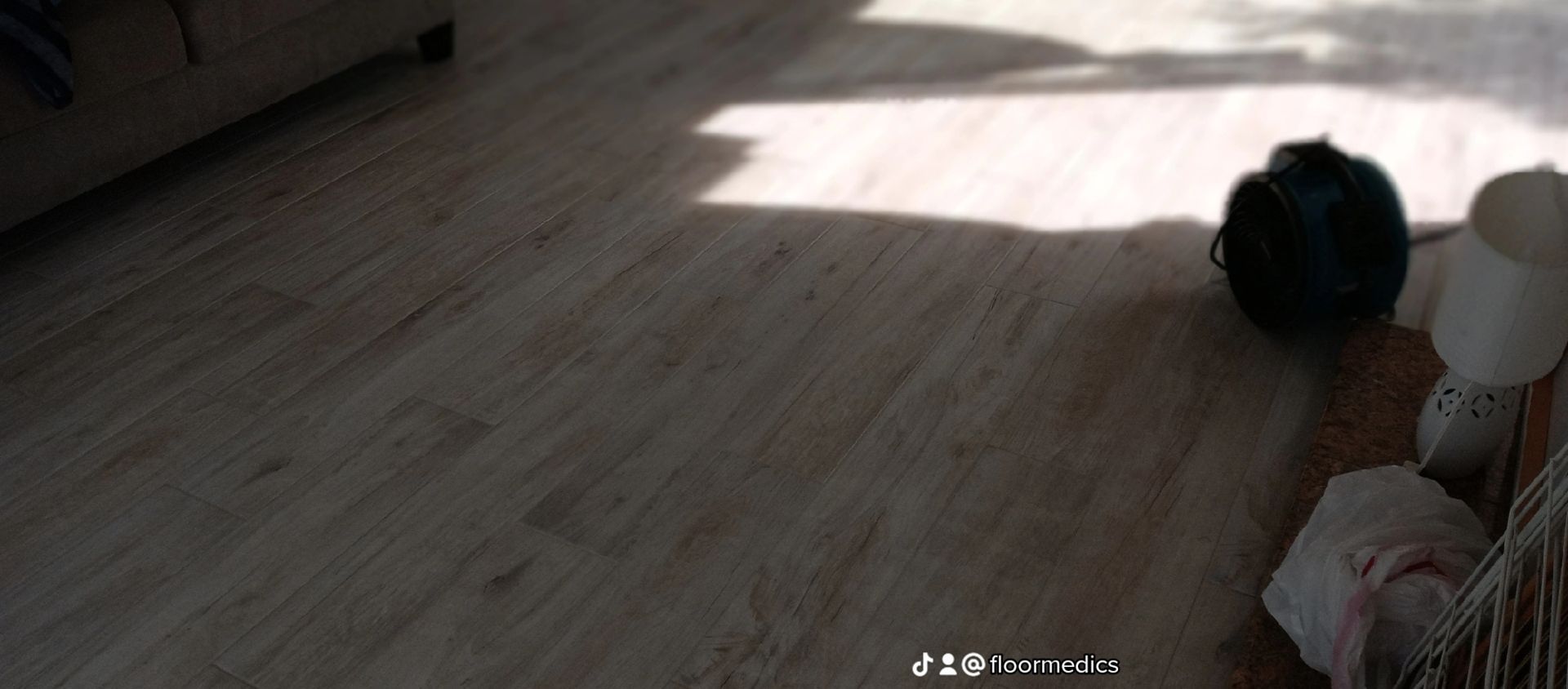A black ball is sitting on a wooden floor in a living room.