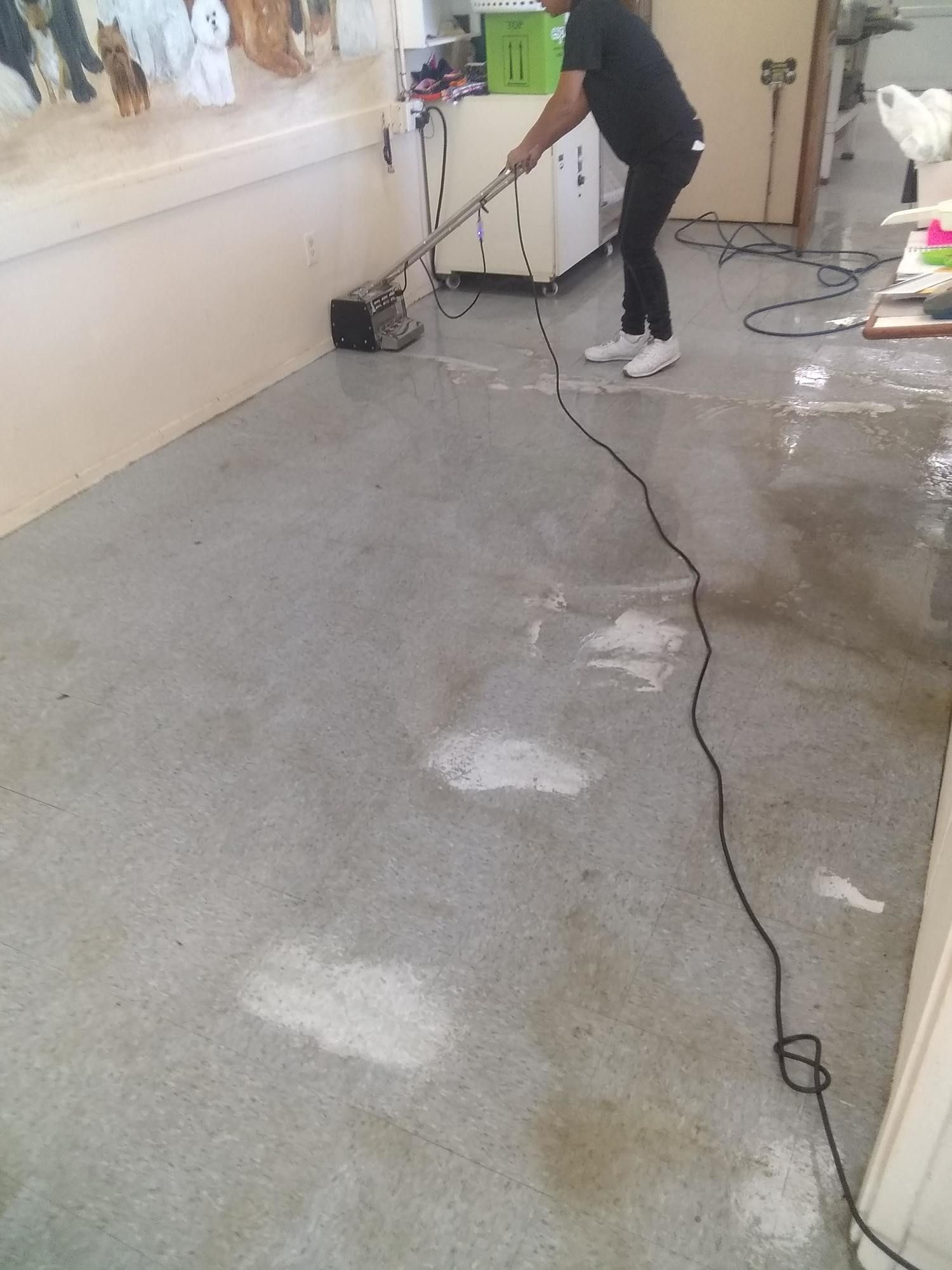A person is using a vacuum cleaner to clean a dirty floor.