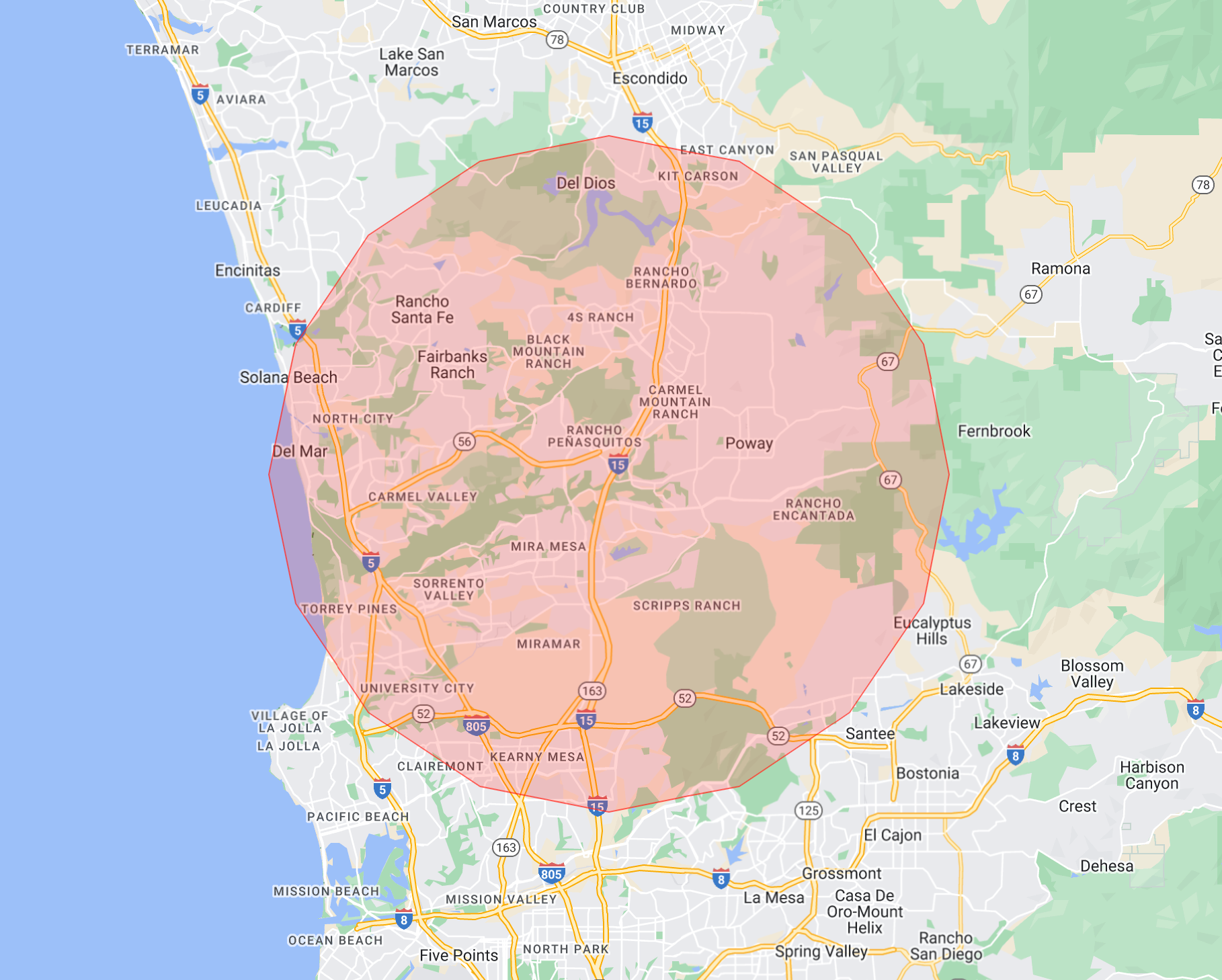 A map of a city with a circle around it.
