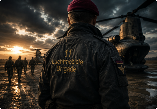 Soldiers on a wet shore near a helicopter at sunset; one stands in the foreground with “Luchtmobiele Brigade” on jacket