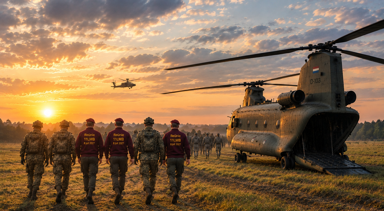 Soldiers silhouette at dusk beside a military helicopter on a beach under a dramatic red sky