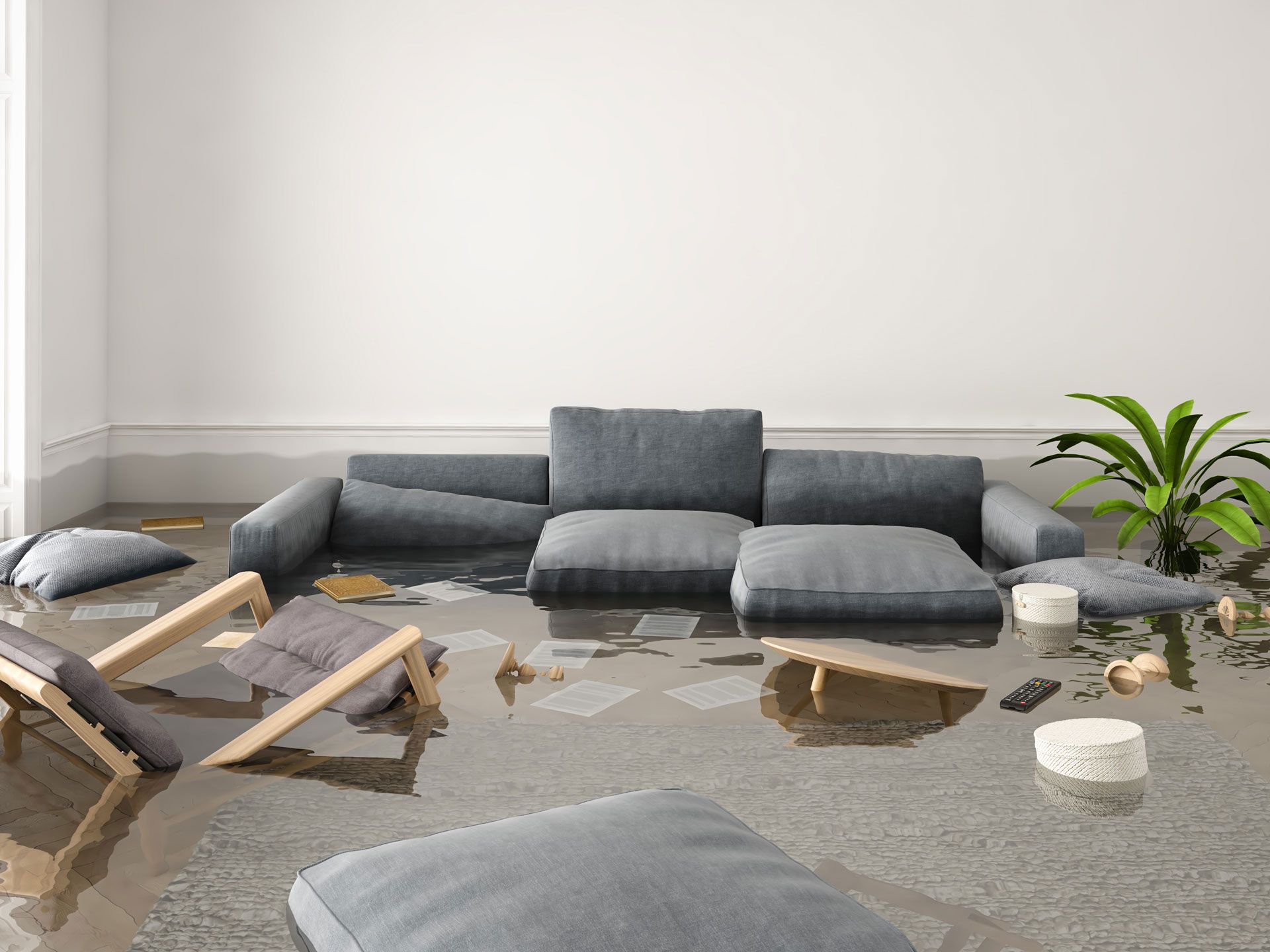 A living room with a couch and chairs covered in water.