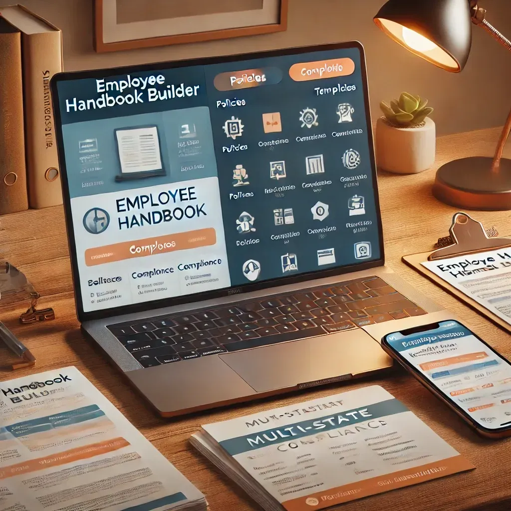 A professional desk setup showcasing an employee handbook builder on a laptop screen with sections like