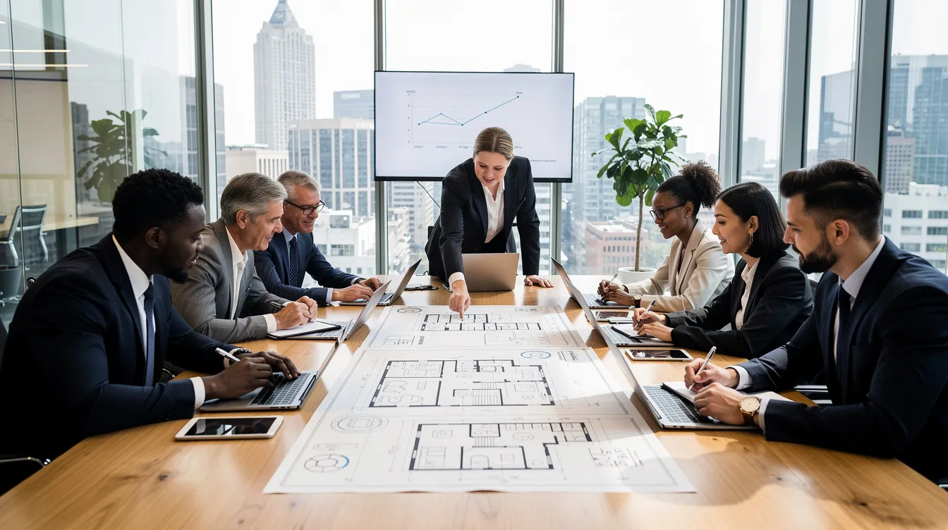 Team meeting in a bright conference room around a large table with floor plans and laptops