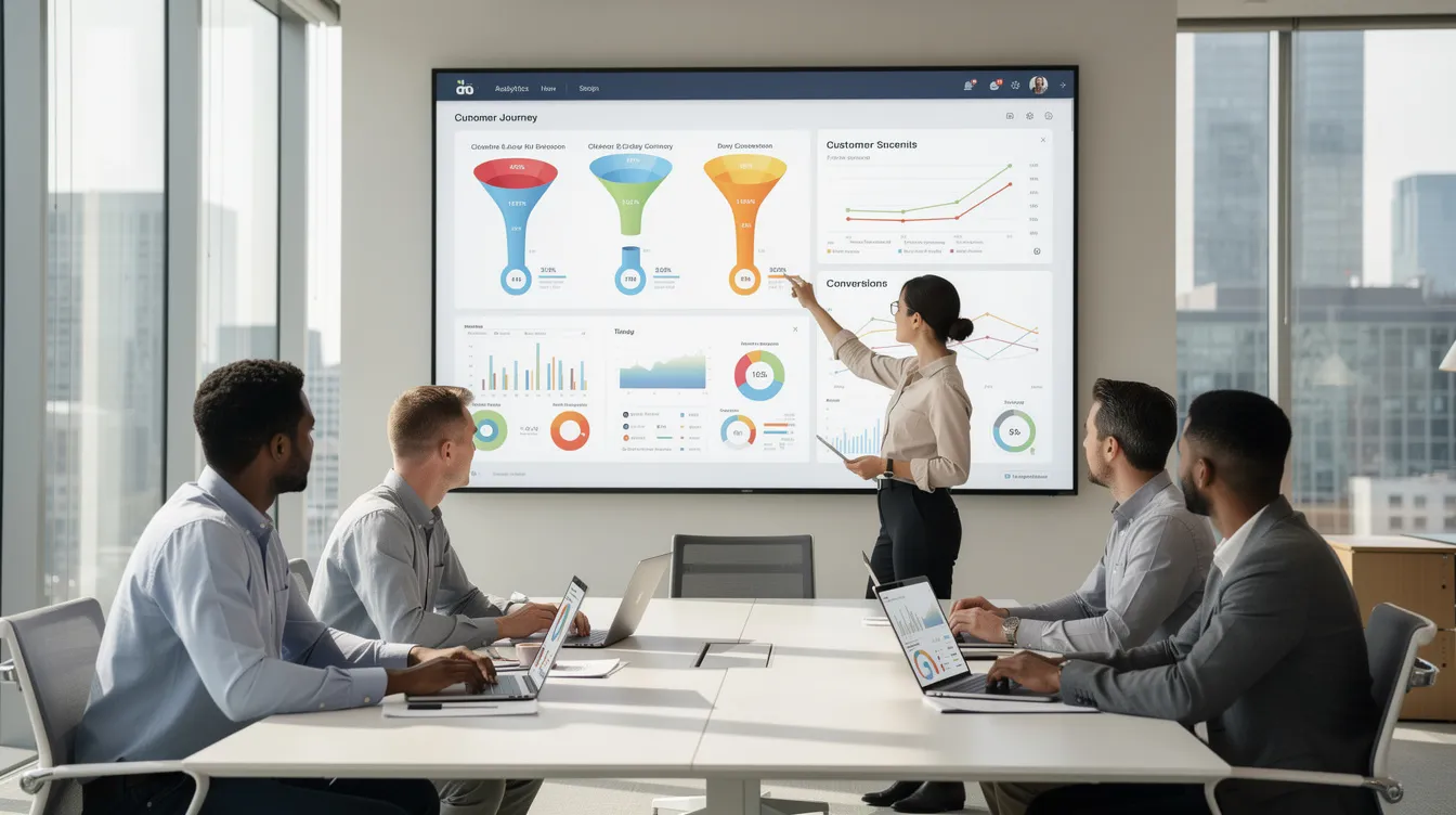 A diverse enterprise team is gathered in a modern office, analyzing customer journey data displayed on a large dashboard. They are focused on metrics related to customer satisfaction and retention, aiming to enhance customer experience and meet customer expectations effectively.