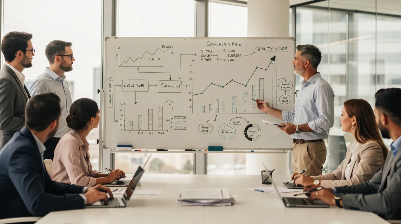 The image depicts a factory floor workspace featuring improvement boards and process flow diagrams, highlighting the organization's commitment to a continuous improvement culture. These visual tools are designed to engage employees in identifying improvement areas and tracking progress towards operational excellence and enhanced efficiency.