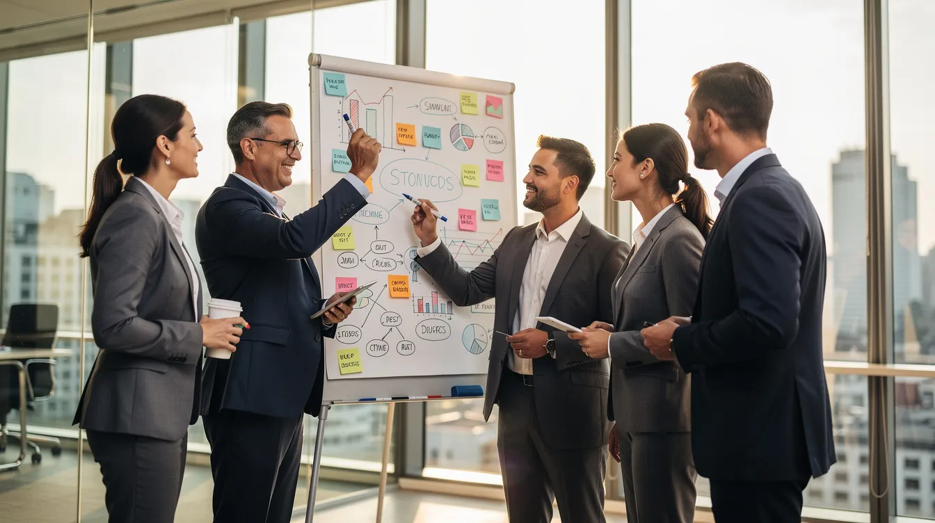 Business team discussing a colorful strategy chart in a bright office with large windows.