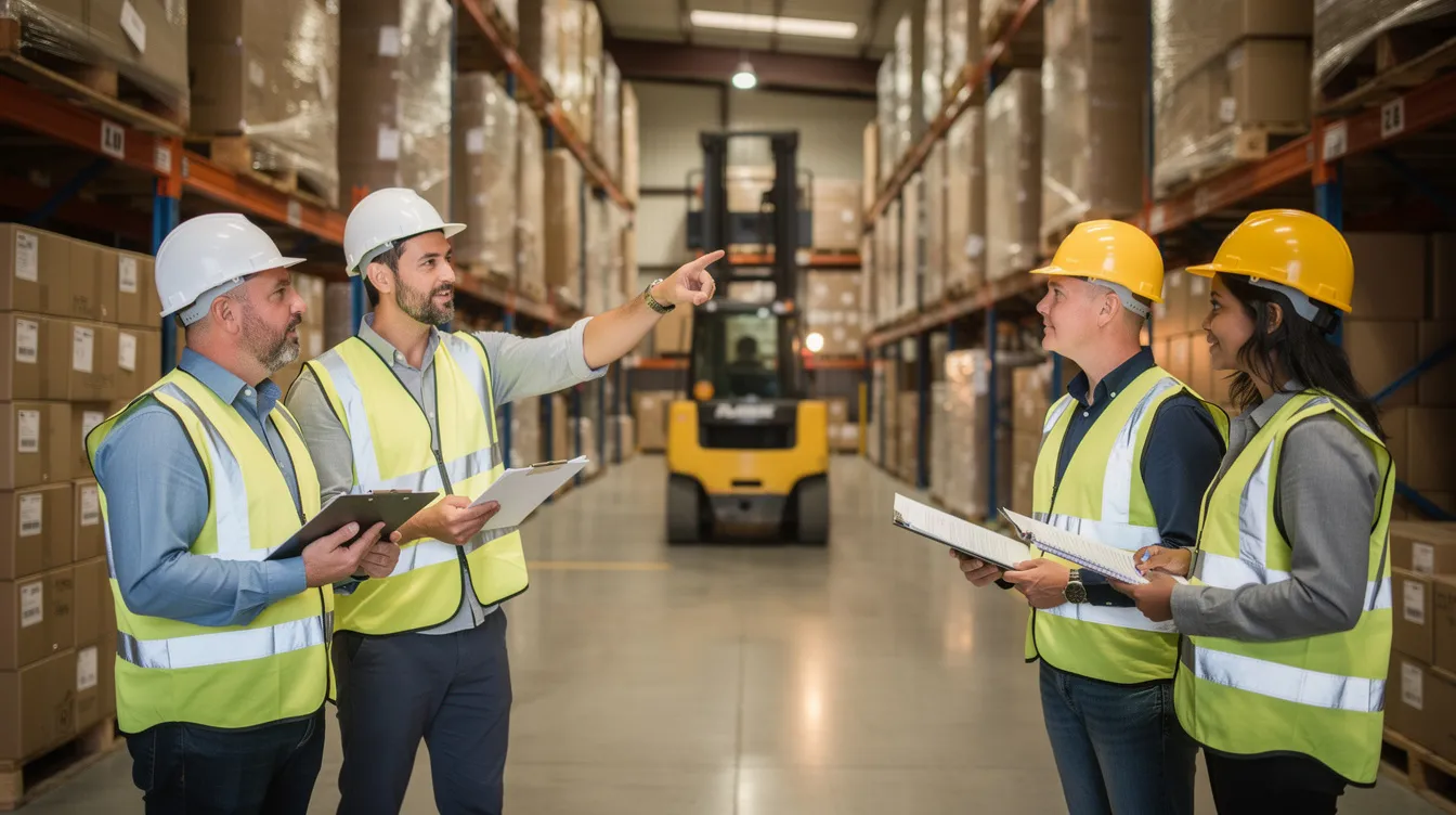 Warehouse workers in safety vests and hard hats discussing inventory with a forklift in the aisle