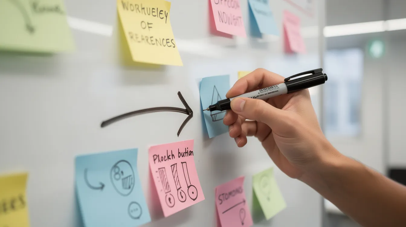 The image depicts a hand actively drawing arrows that connect various sticky notes on a whiteboard, illustrating a strategy map that outlines strategic objectives and key performance indicators for effective performance measurement and management. This visual representation emphasizes the interconnectedness of customer satisfaction, internal processes, and financial perspectives in achieving organizational success.
