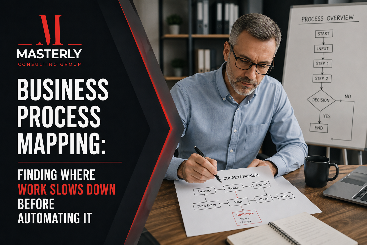 Business process mapping for workflows, handoffs, and bottlenecks.