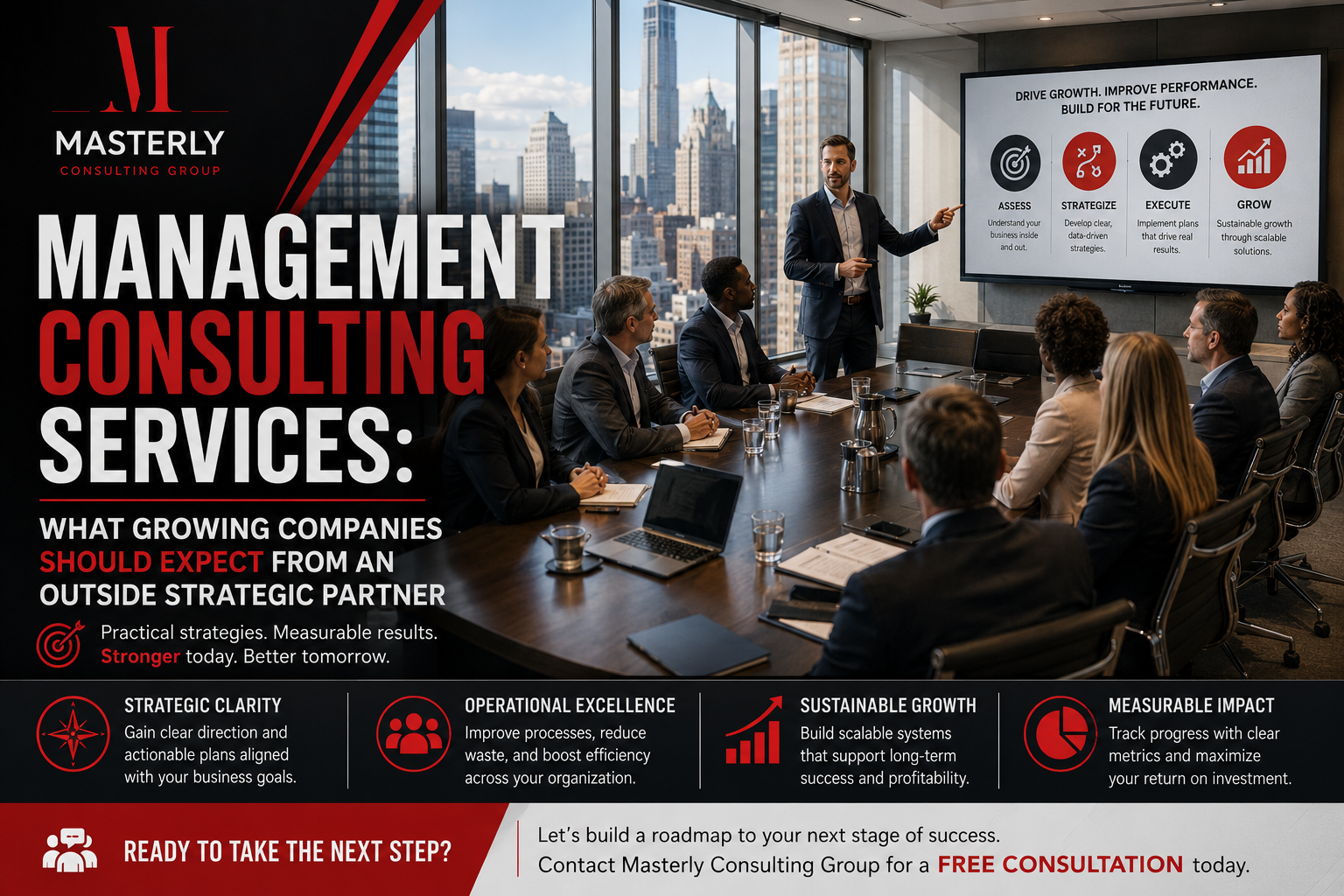 Management consultant presenting growth strategy to executives at a large conference.