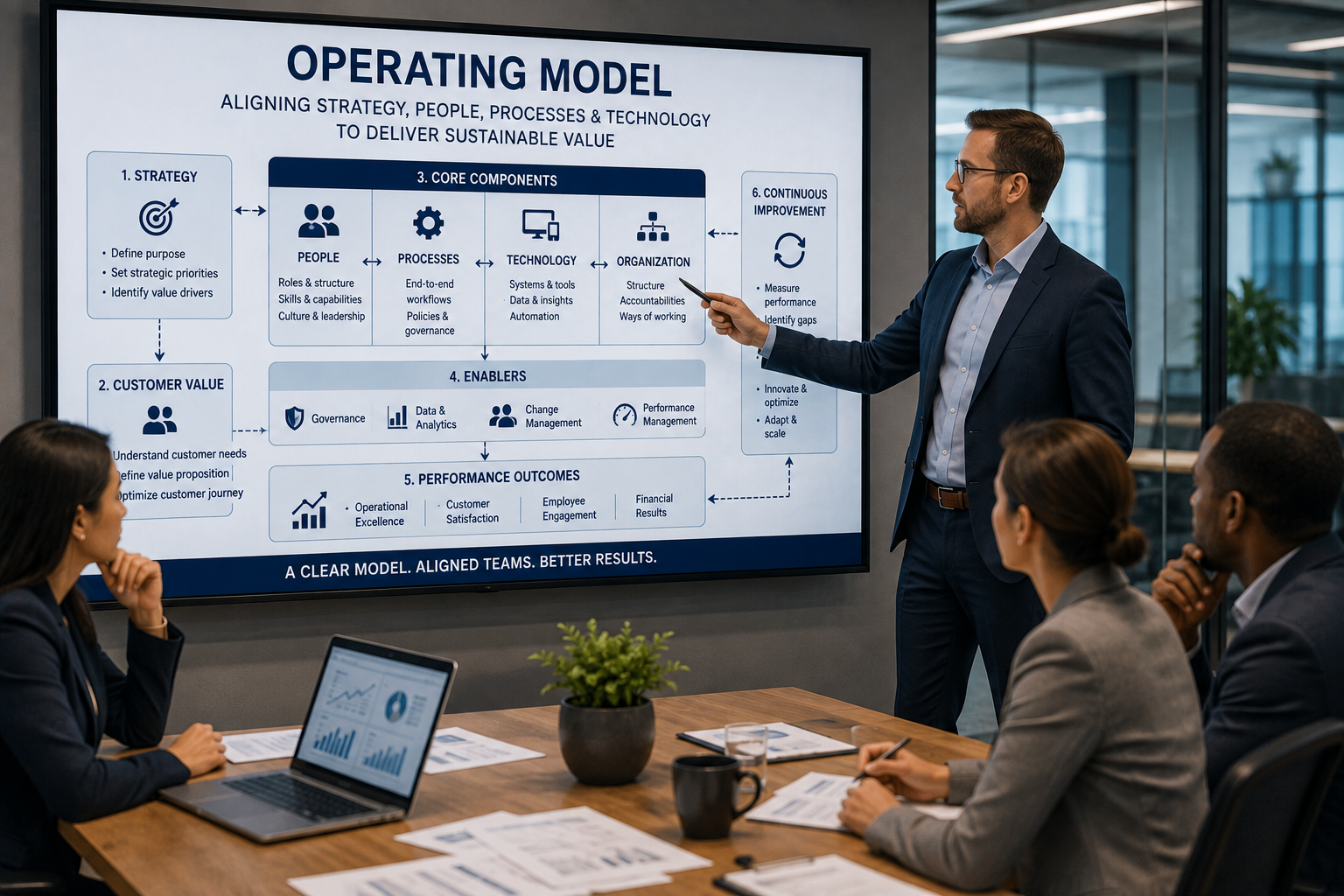 Professional operating model strategy session with business leaders aligning people, processes, technology, governance, and organizational structure to improve performance and business results.