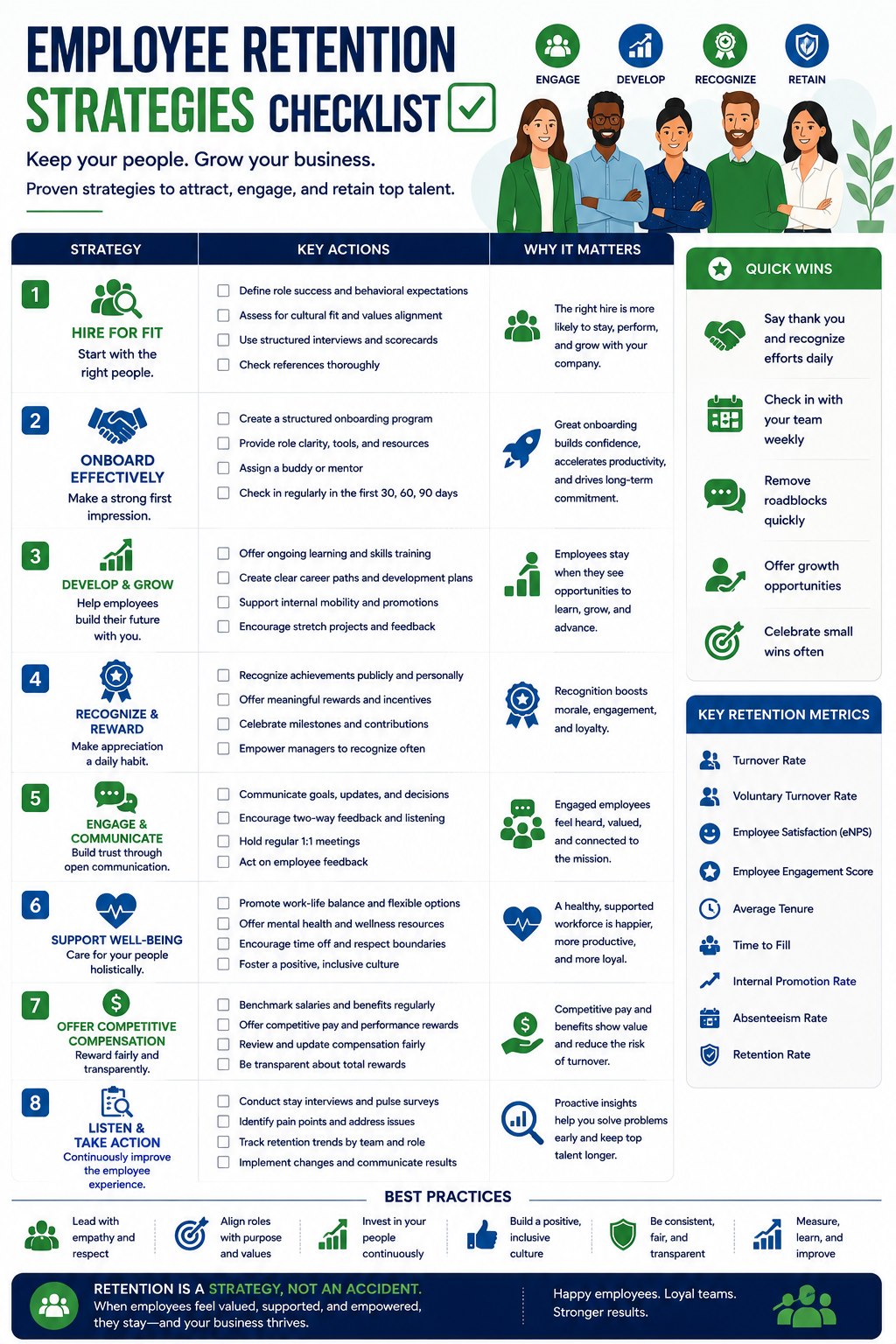 Employee retention strategies checklist covering hiring, onboarding, career growth, recognition, communication, employee well-being, competitive compensation, feedback, and key retention metrics.