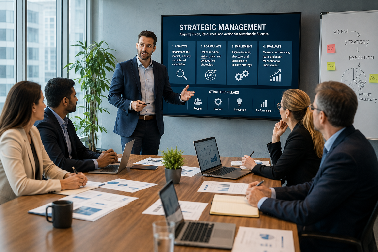 Business leaders in a strategic management meeting reviewing organizational goals, strategy development, implementation, performance, and long-term business priorities.