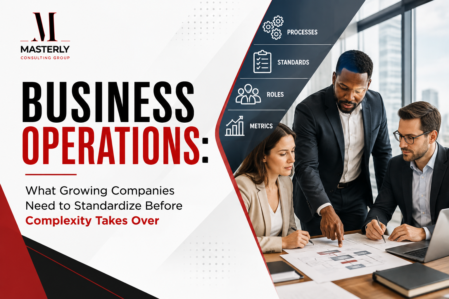 Business operations team standardizing processes, roles, and systems for sustainable growth.