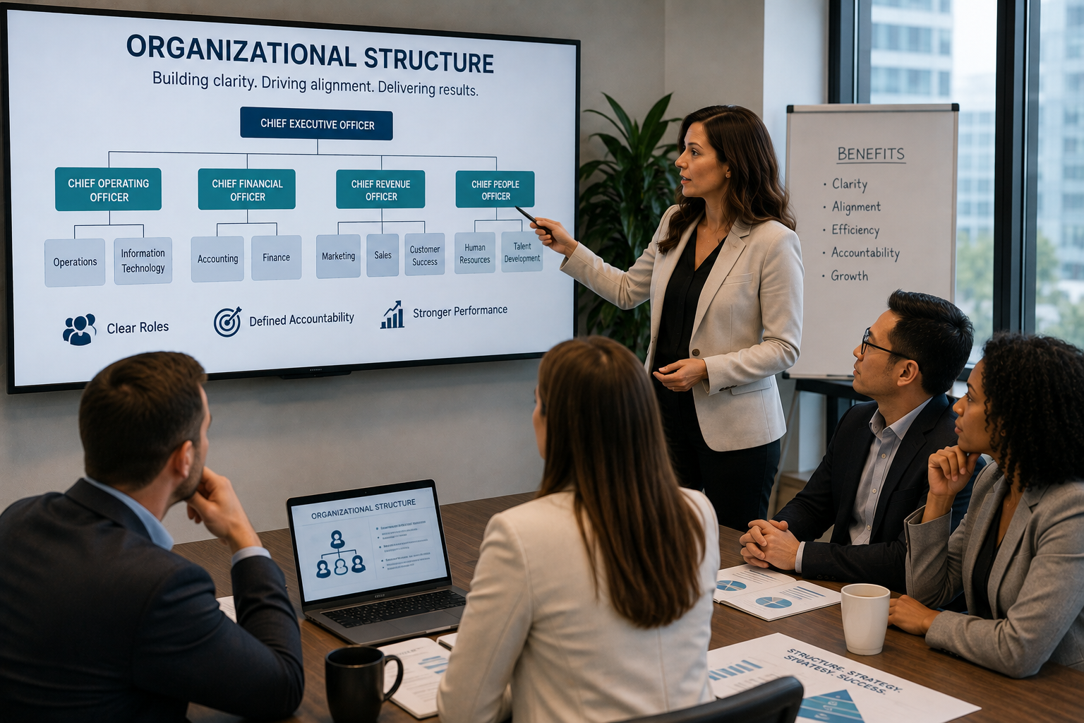 Professional leadership team reviewing an organizational structure chart showing roles, departments, reporting lines, accountability, and team alignment.