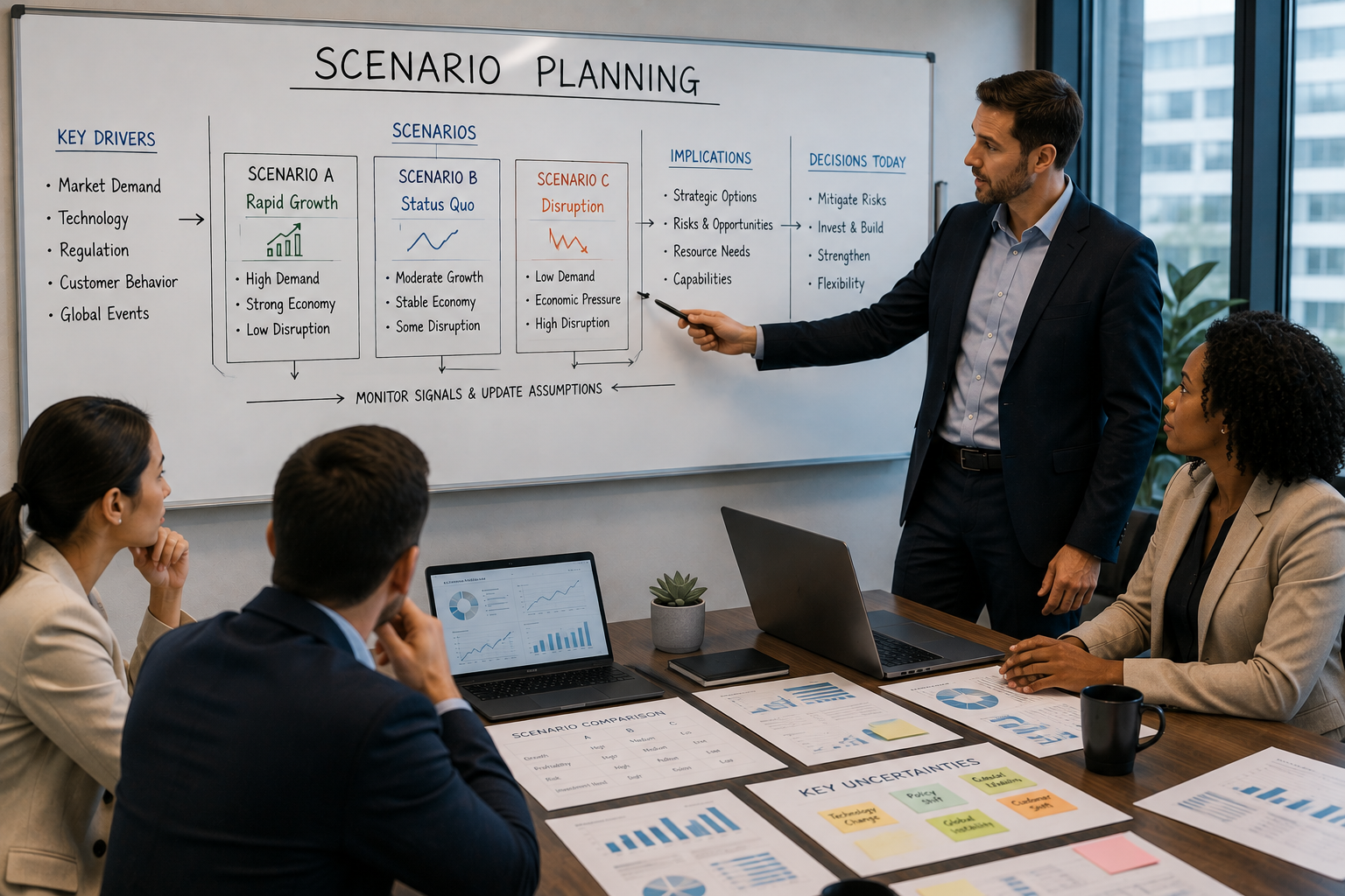 Professional leadership team using scenario planning to evaluate future business conditions, risks, opportunities, strategic options, and key decisions.