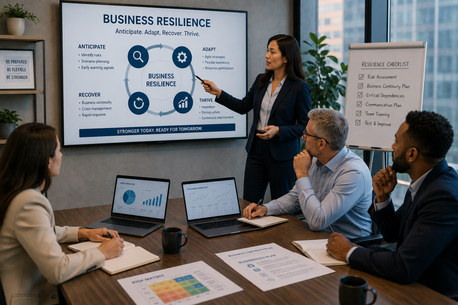 Professional leadership team reviewing business resilience strategies for risk management, business continuity, adaptability, recovery, and sustainable growth.