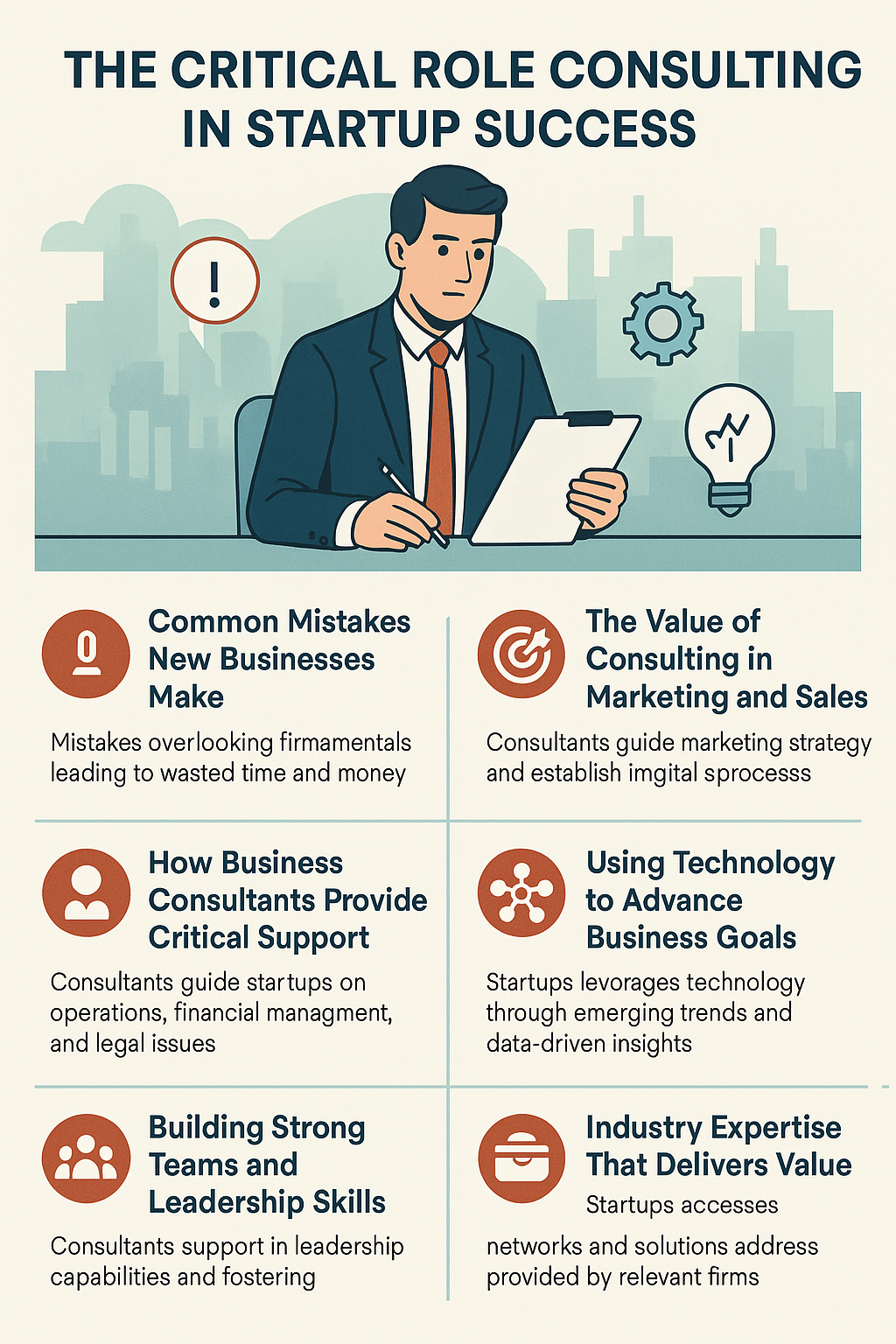 The Critical Role of Consulting in Startup Success.' At the top, a business consultant in a suit holds a clipboard and pen, with icons of a lightbulb and gear representing ideas and operations. Below, six sections highlight key areas of consulting: common mistakes new businesses make, the value of consulting in marketing and sales, how business consultants provide critical support, using technology to advance business goals, building strong teams and leadership skills, and industry expertise that delivers value. Each section includes a red icon and short descriptive text.