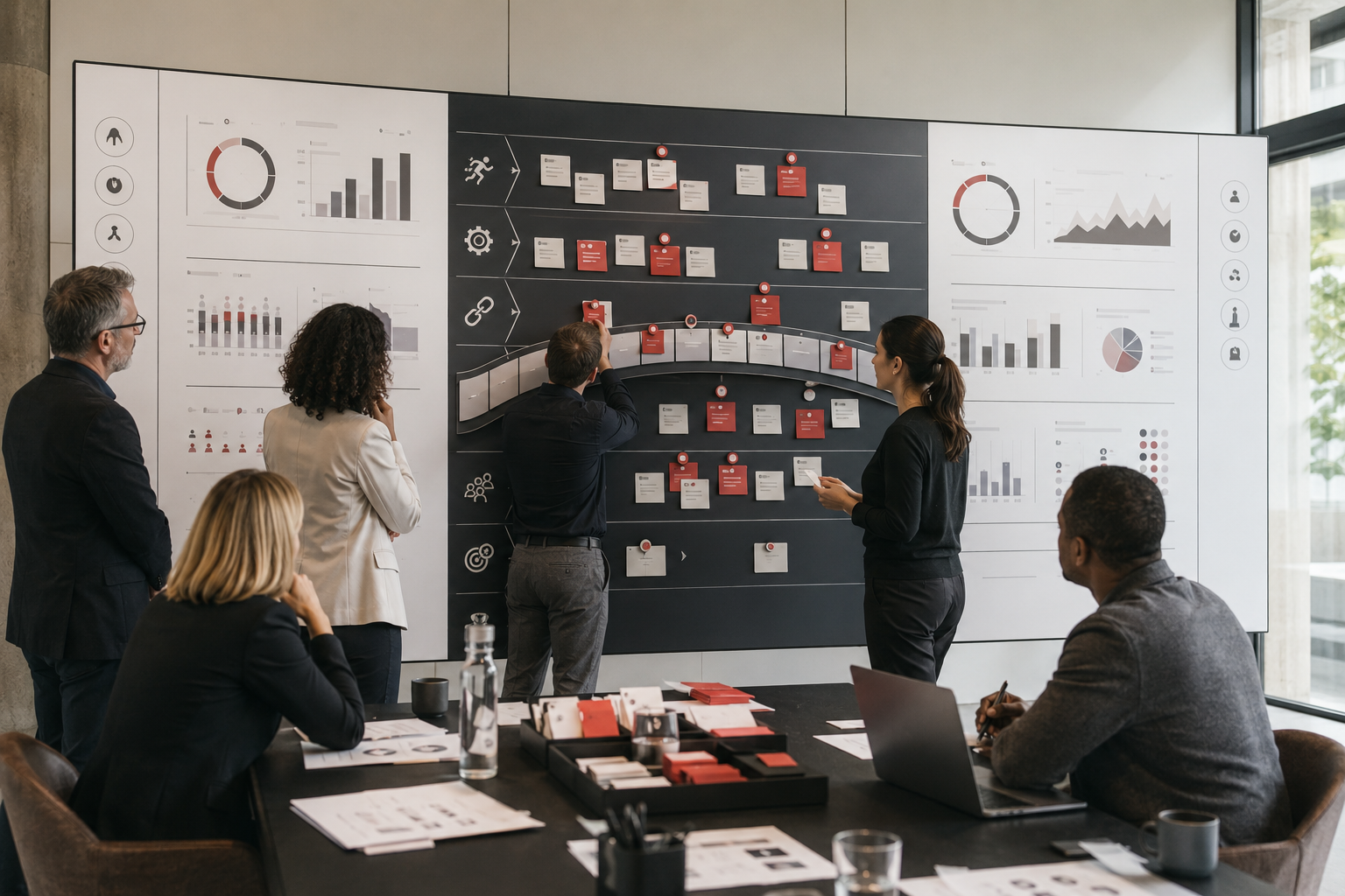 Leadership team conducting a gap analysis between current performance, business barriers, and desired future goals.