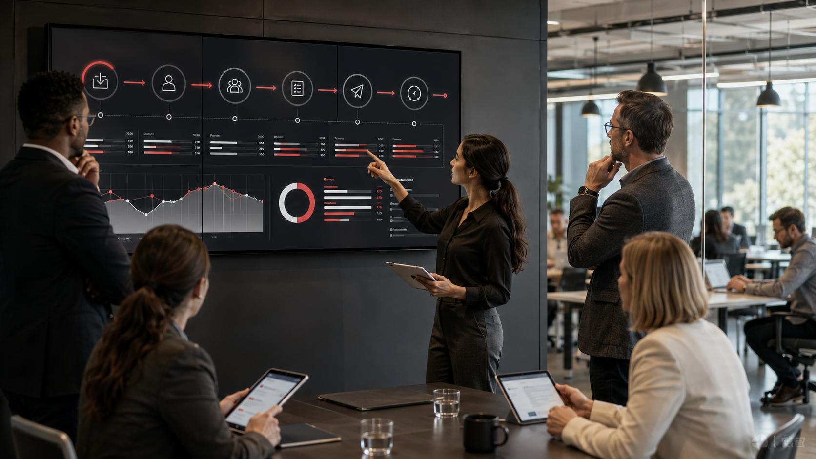 Operations team reviewing an efficient workflow with clear handoffs, balanced capacity, quality controls, and measurable output.