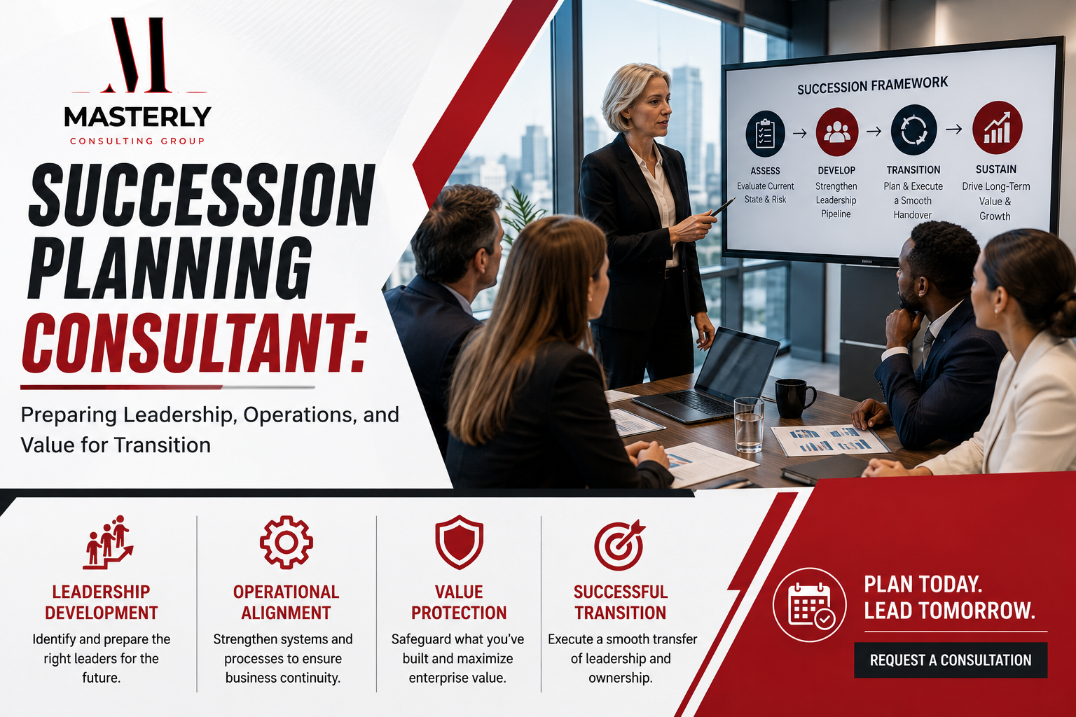 Succession planning consultant leading executive strategy meeting