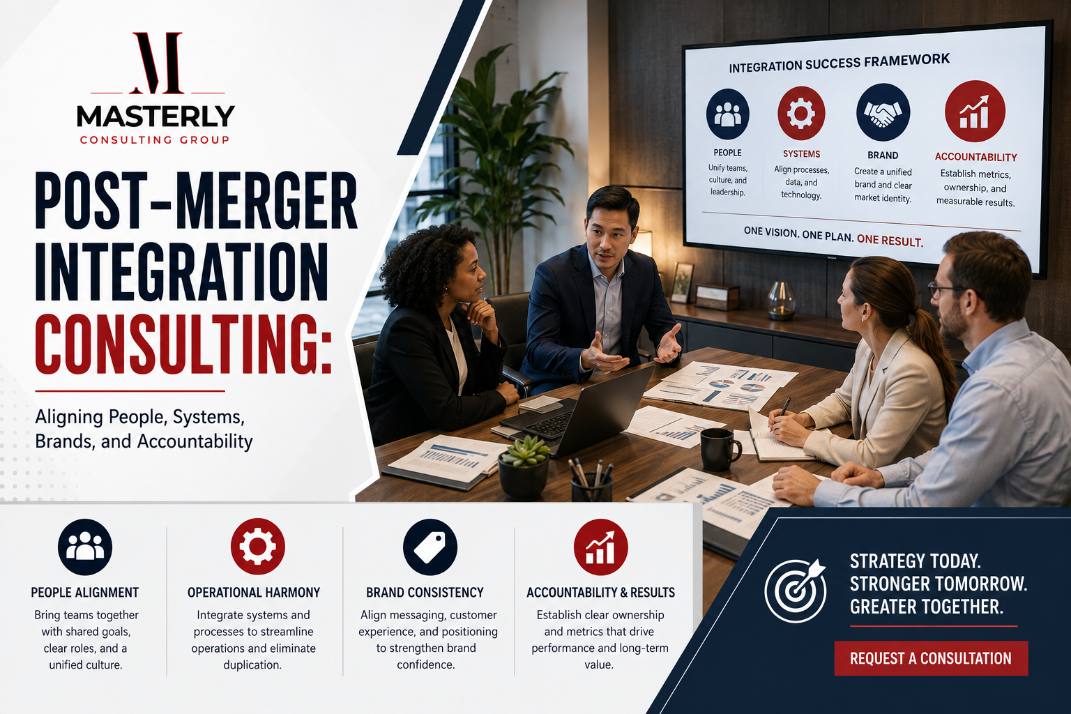 Post-merger consulting team leading business integration meeting