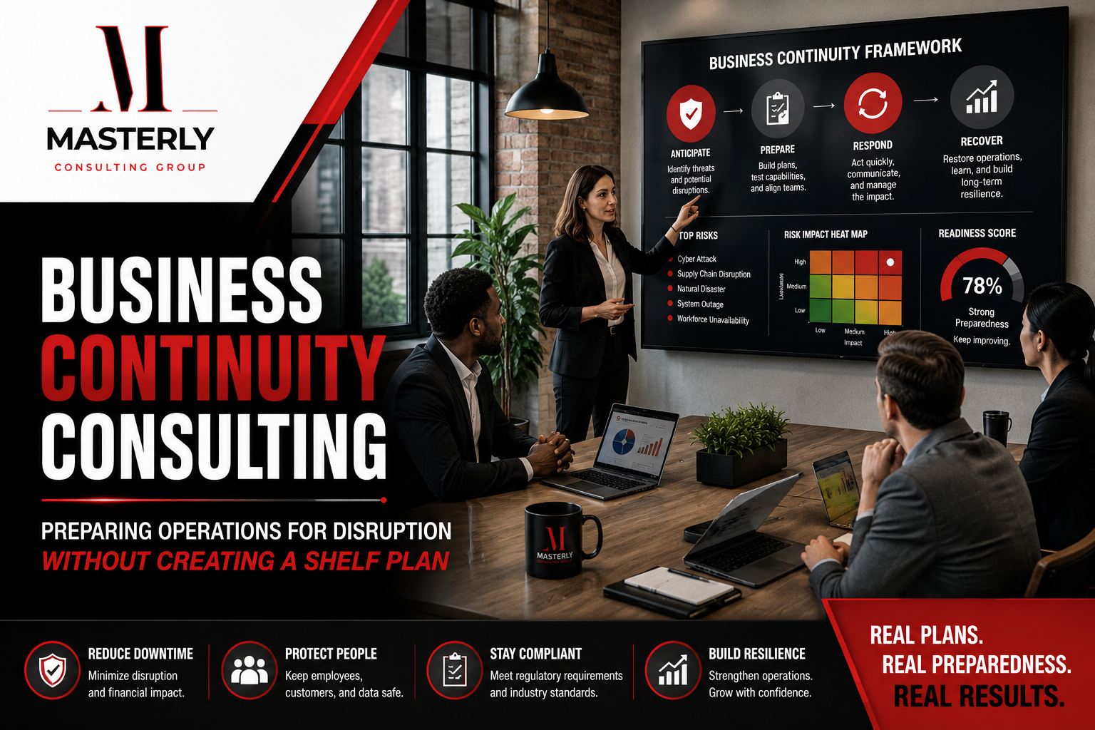 Business continuity consultant leading crisis planning workshop