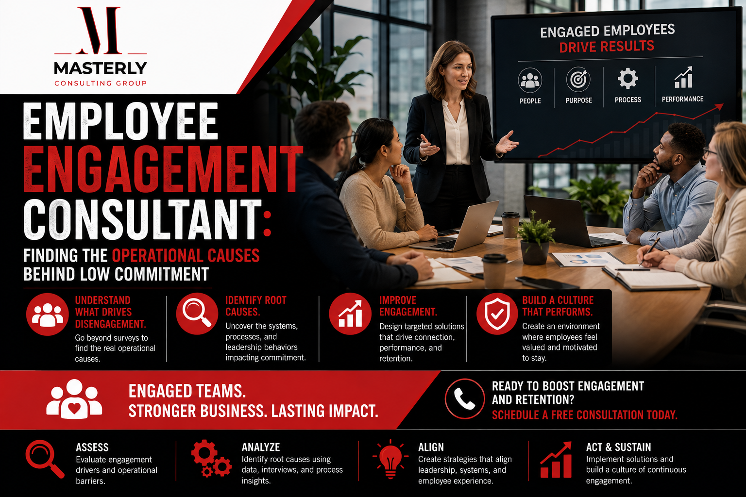 Employee engagement consultant identifying causes of low commitment.