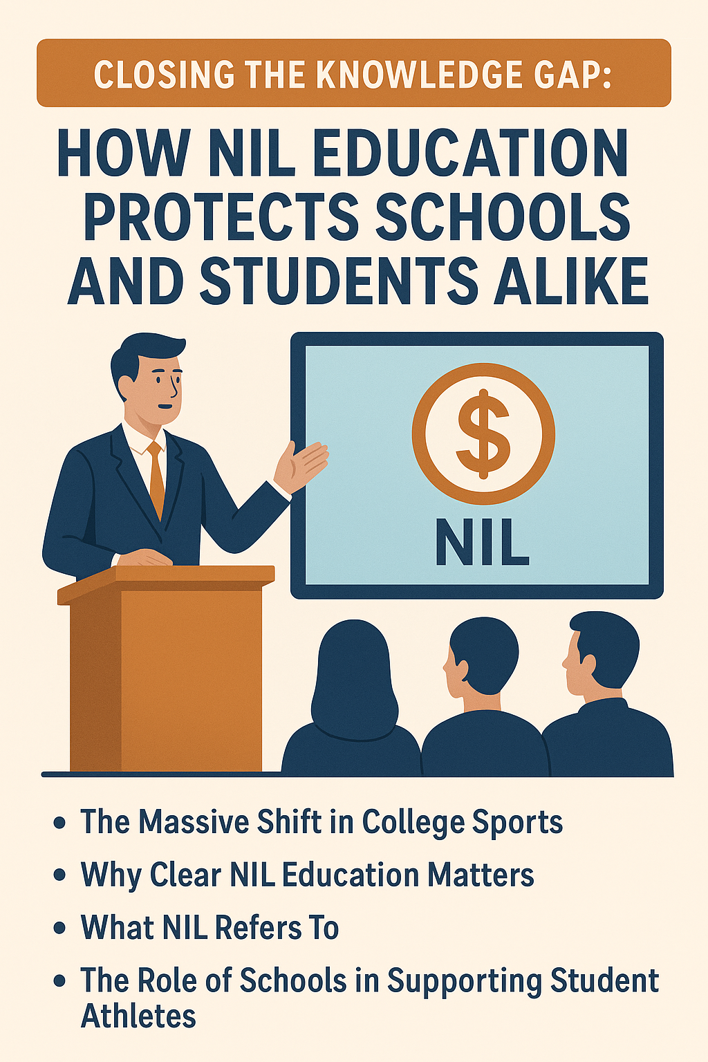 A flat-design digital infographic titled “Closing the Knowledge Gap: How NIL Education Protects Schools and Students Alike” shows a male speaker in a navy suit and orange tie standing at a podium, gesturing toward a presentation screen with a large orange dollar sign and the letters “NIL.” Three silhouetted students sit facing the speaker. Below the image, four bullet points read: “The Massive Shift in College Sports,” “Why Clear NIL Education Matters,” “What NIL Refers To,” and “The Role of Schools in Supporting Student Athletes.
