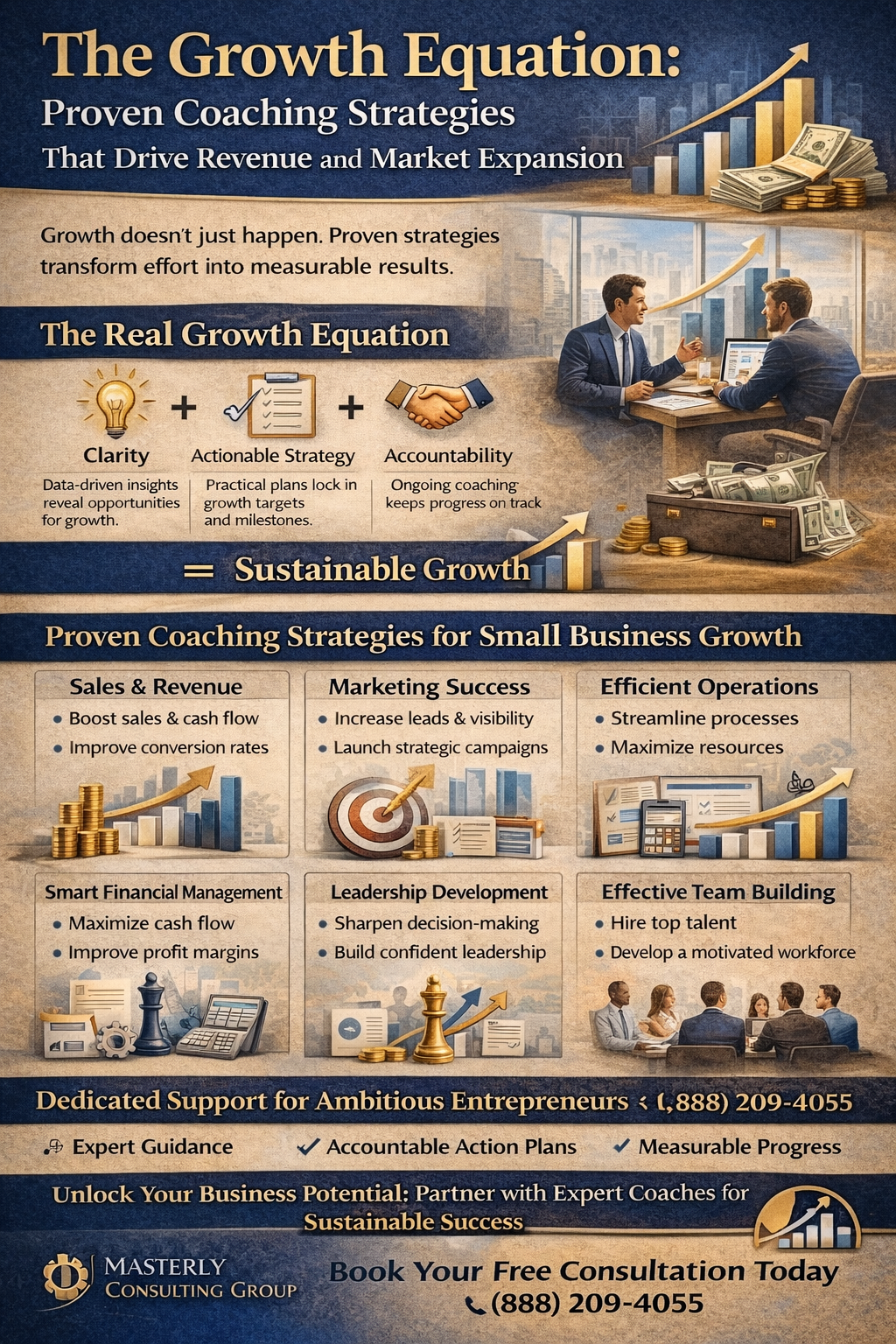 The Growth Equation: Proven Coaching Strategies That Drive Revenue and Market Expansion,” featuring rising revenue charts, strategy icons, and coaching discussions. The graphic explains how clarity, actionable strategy, and accountability work together to create sustainable business growth, highlighting coaching focus areas such as sales, marketing, operations, financial management, leadership development, and team building, with a call to action to partner with Masterly Consulting Group for strategic business coaching.