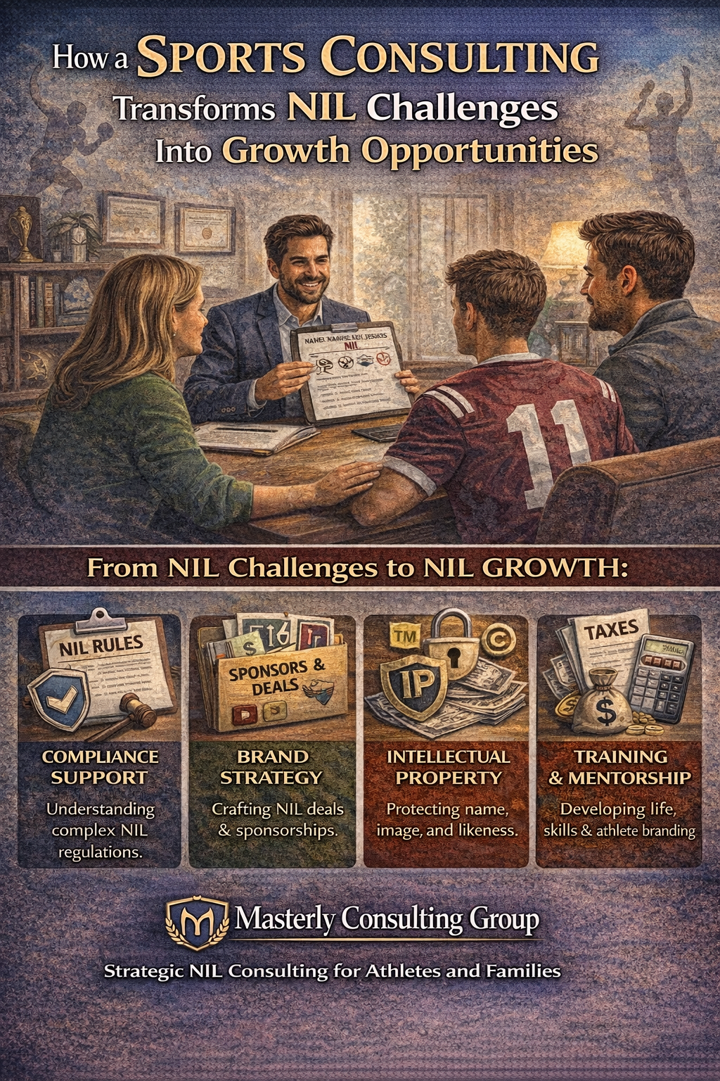 Sports consultant meeting with student athletes and parents to explain NIL rules, showing how sports consulting transforms name, image, and likeness challenges into compliant growth opportunities.