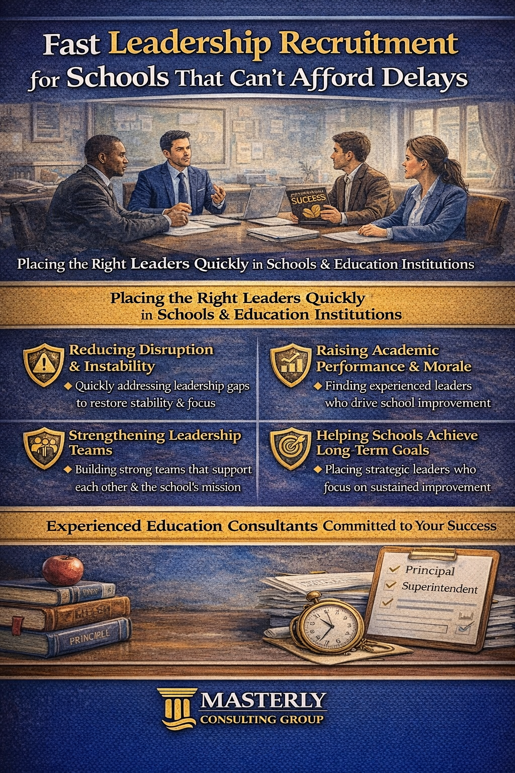 Infographic about fast leadership recruitment for schools, showing education leaders in a meeting and highlighting benefits such as reducing disruption, improving academic performance, strengthening leadership teams, and achieving long-term goals, presented by Masterly Consulting Group.