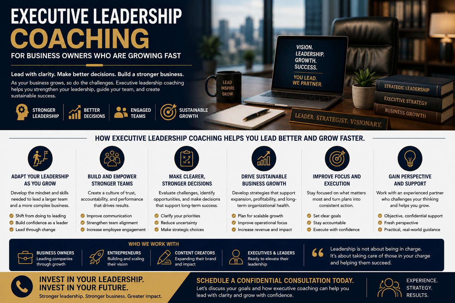 Executive leadership coaching session for a business owner focused on strategic planning, leadership development, and sustainable business growth.