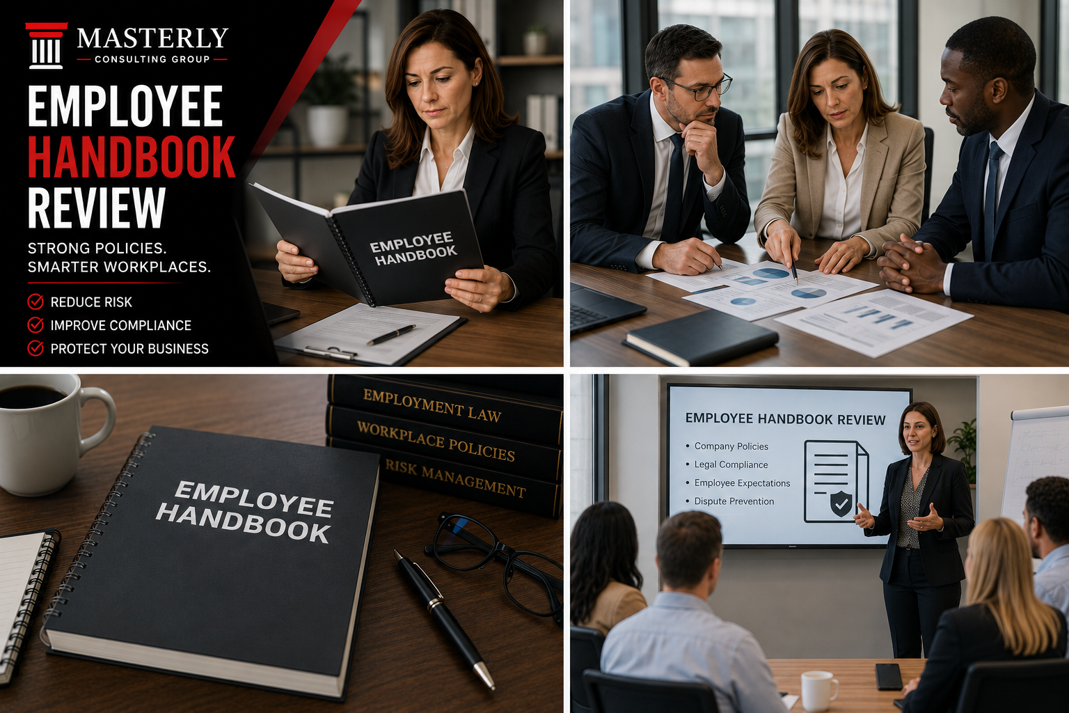 Branded Masterly Consulting Group graphic featuring employee handbook review, HR compliance consultation, workplace policy review, employee handbook document, and corporate compliance training.