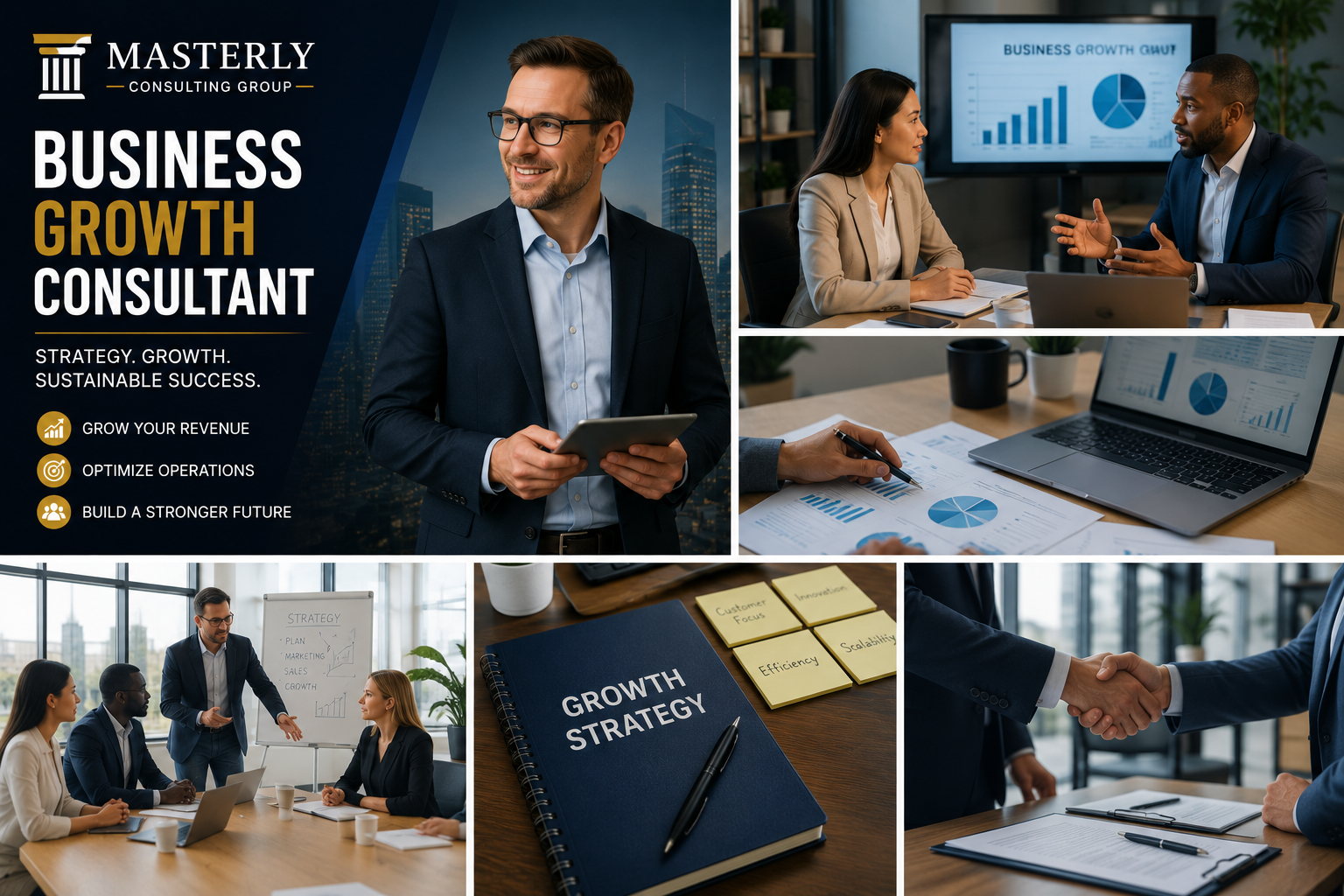 Branded Masterly Consulting Group graphic featuring a business growth consultant leading strategy sessions, executive consulting, business planning, performance analytics, and leadership coaching for growing companies.