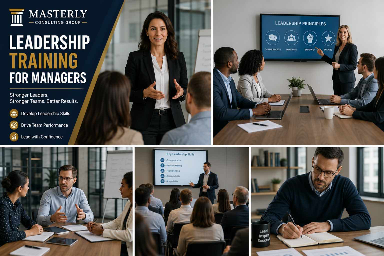 Branded Masterly Consulting Group graphic featuring leadership training for managers, executive coaching sessions, team leadership workshops, management development, and professional leadership training.
